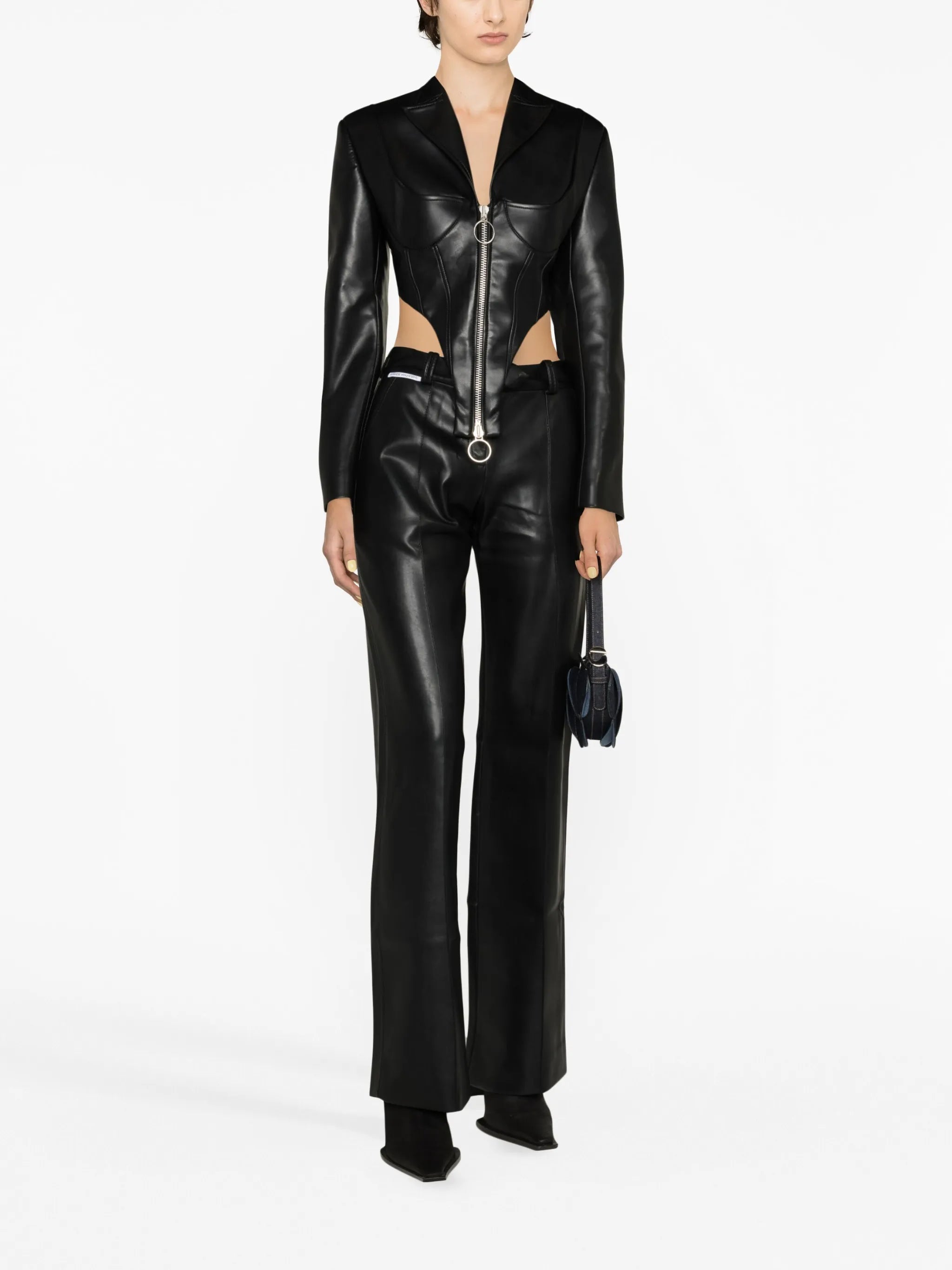 cropped faux-leather blazer