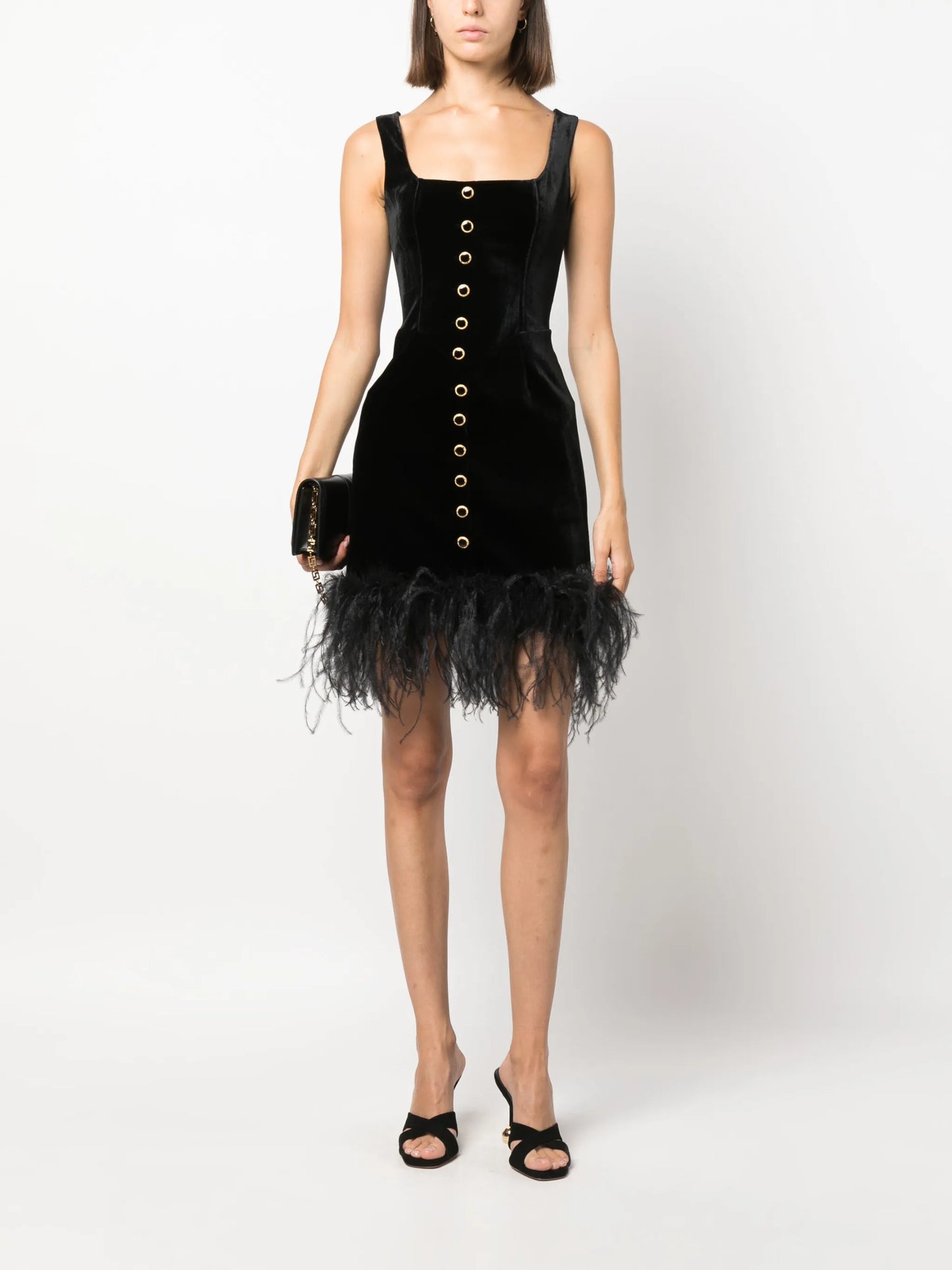 feather-trim velvet minidress