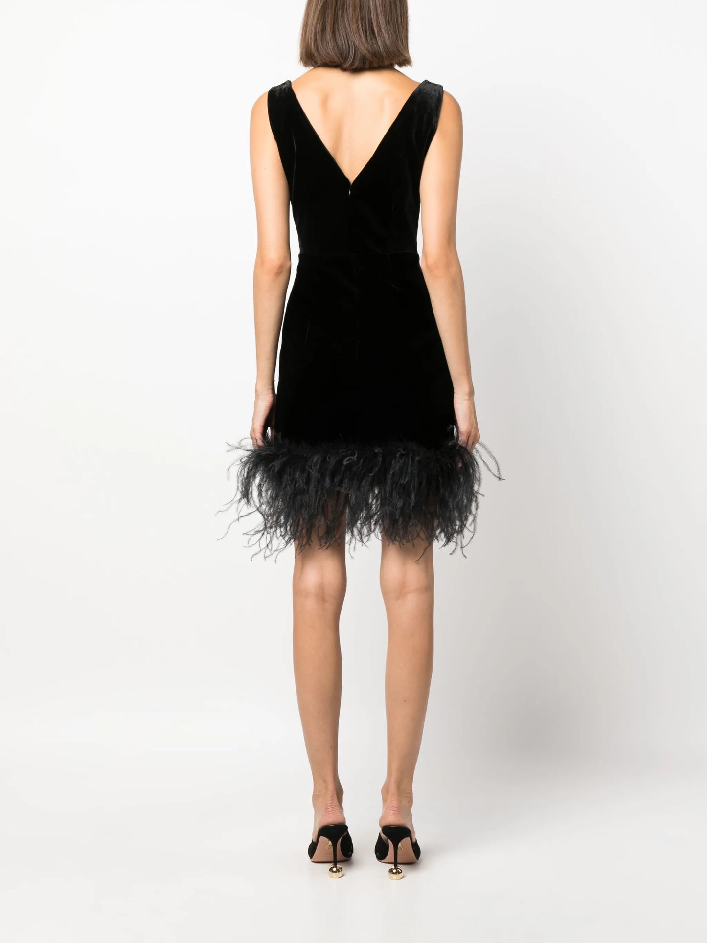 feather-trim velvet minidress