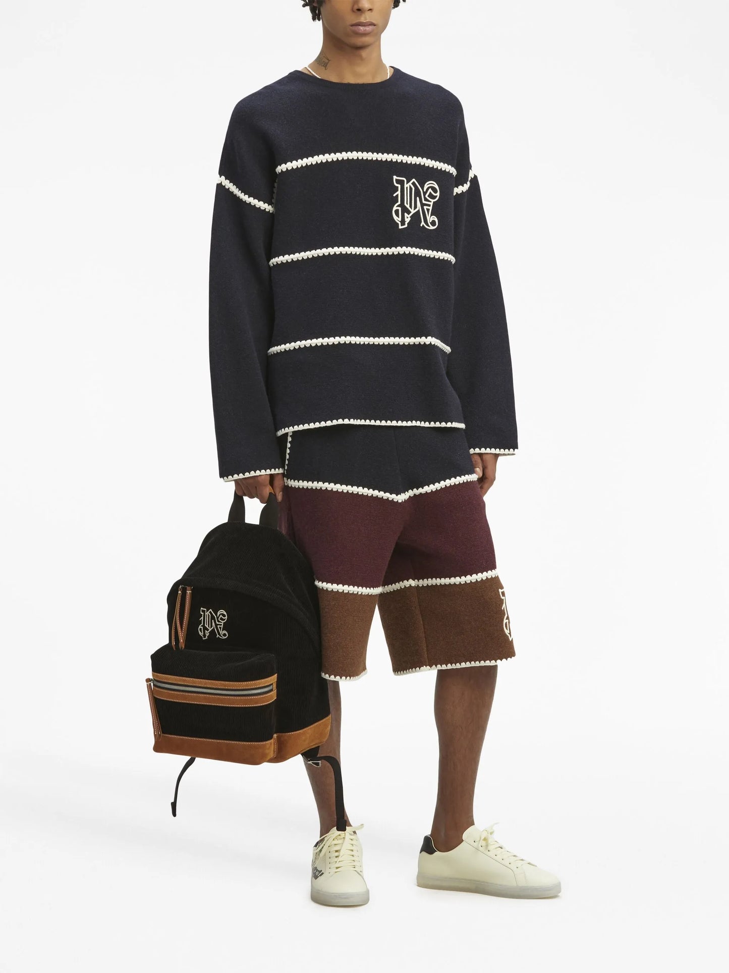 monogram-embroidered leather backpack