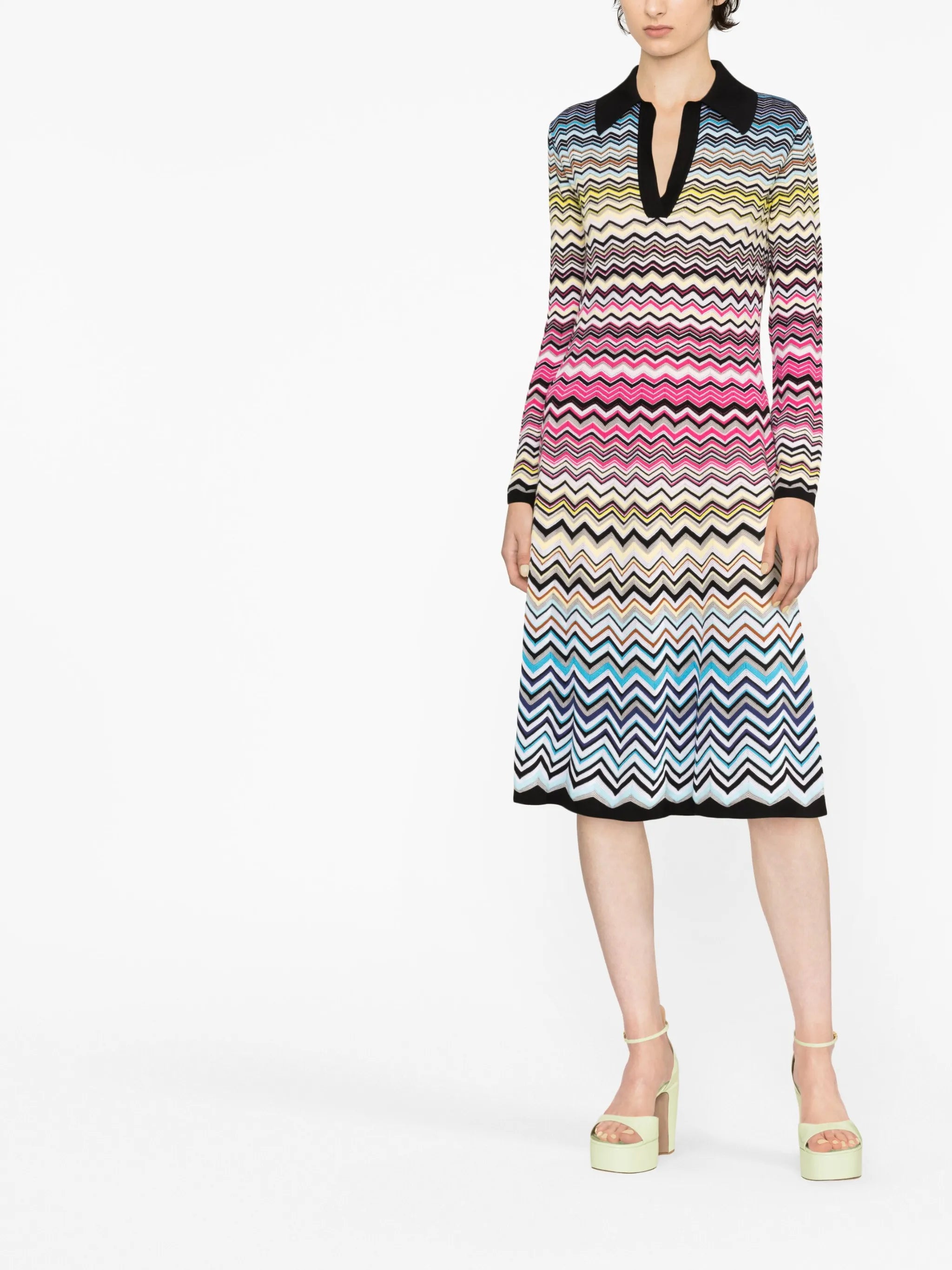 zigzag-woven knitted long-sleeve shirt dress