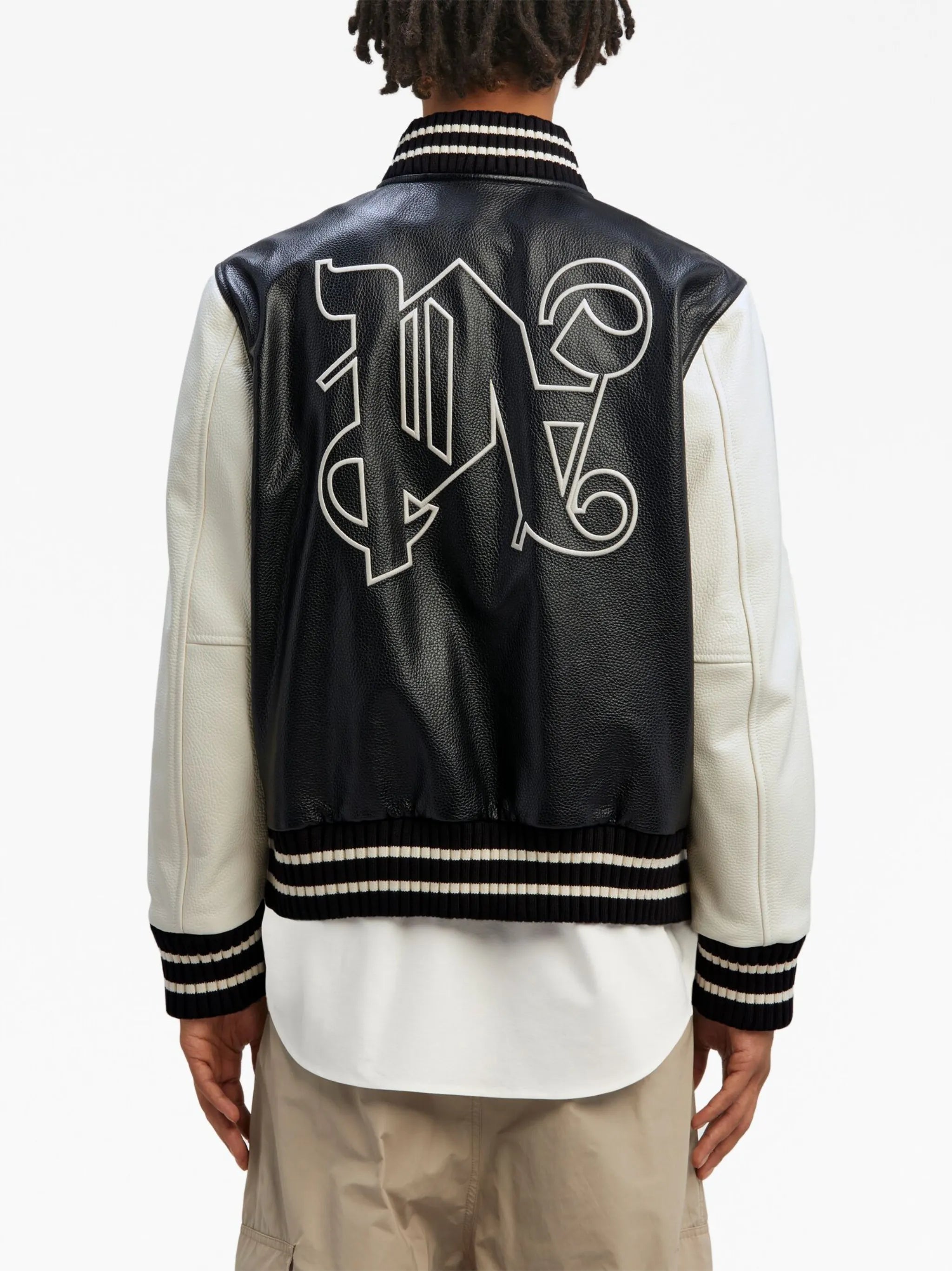 monogram-print leather varsity jacket