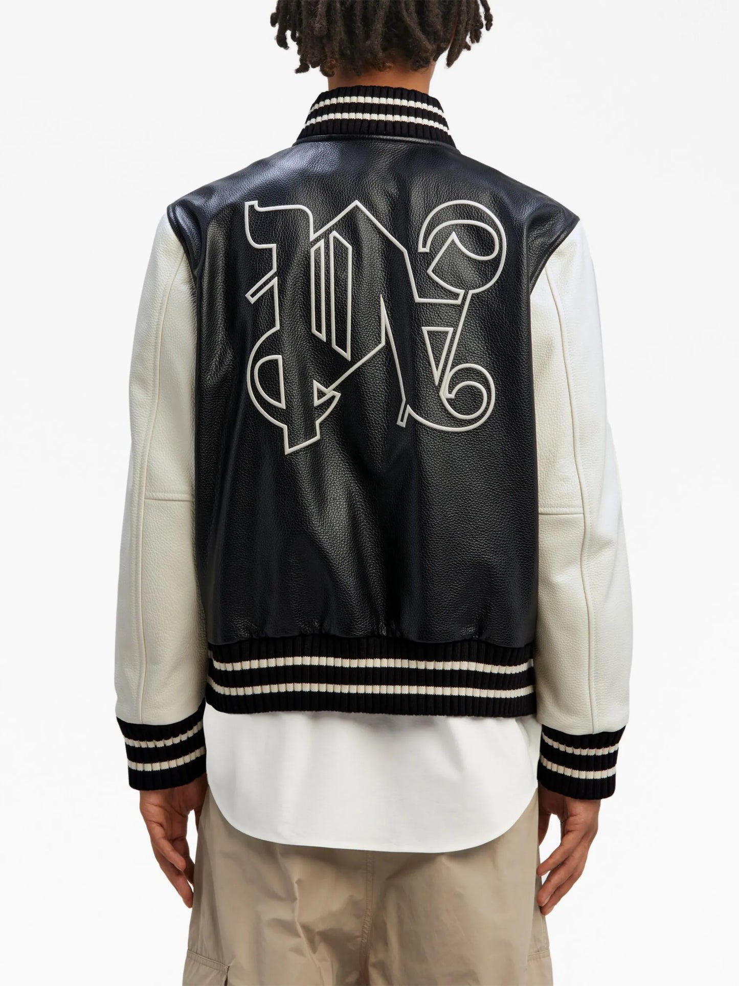 monogram-print leather varsity jacket