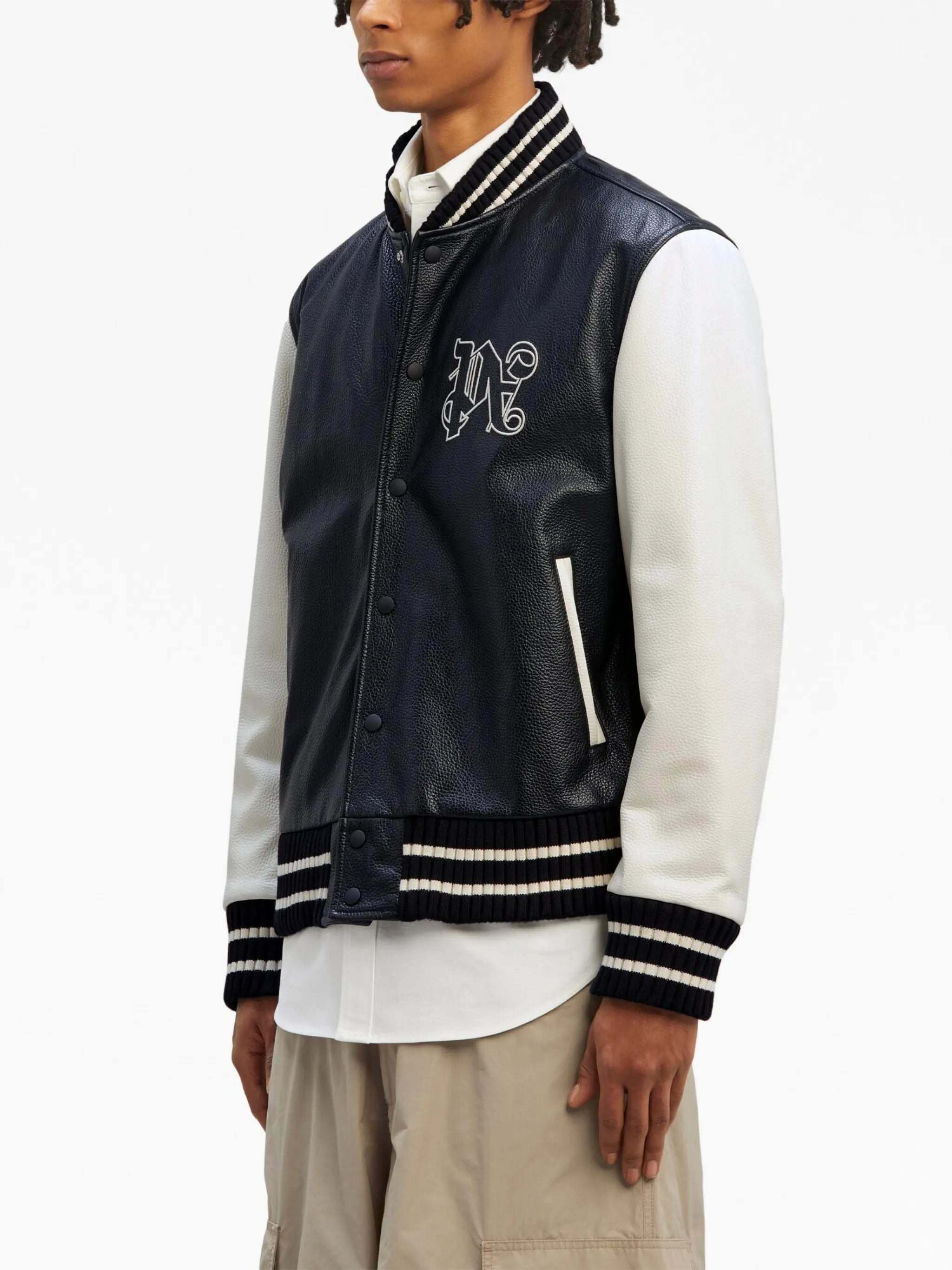 monogram-print leather varsity jacket