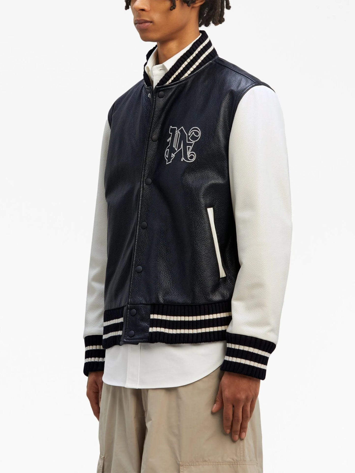 monogram-print leather varsity jacket