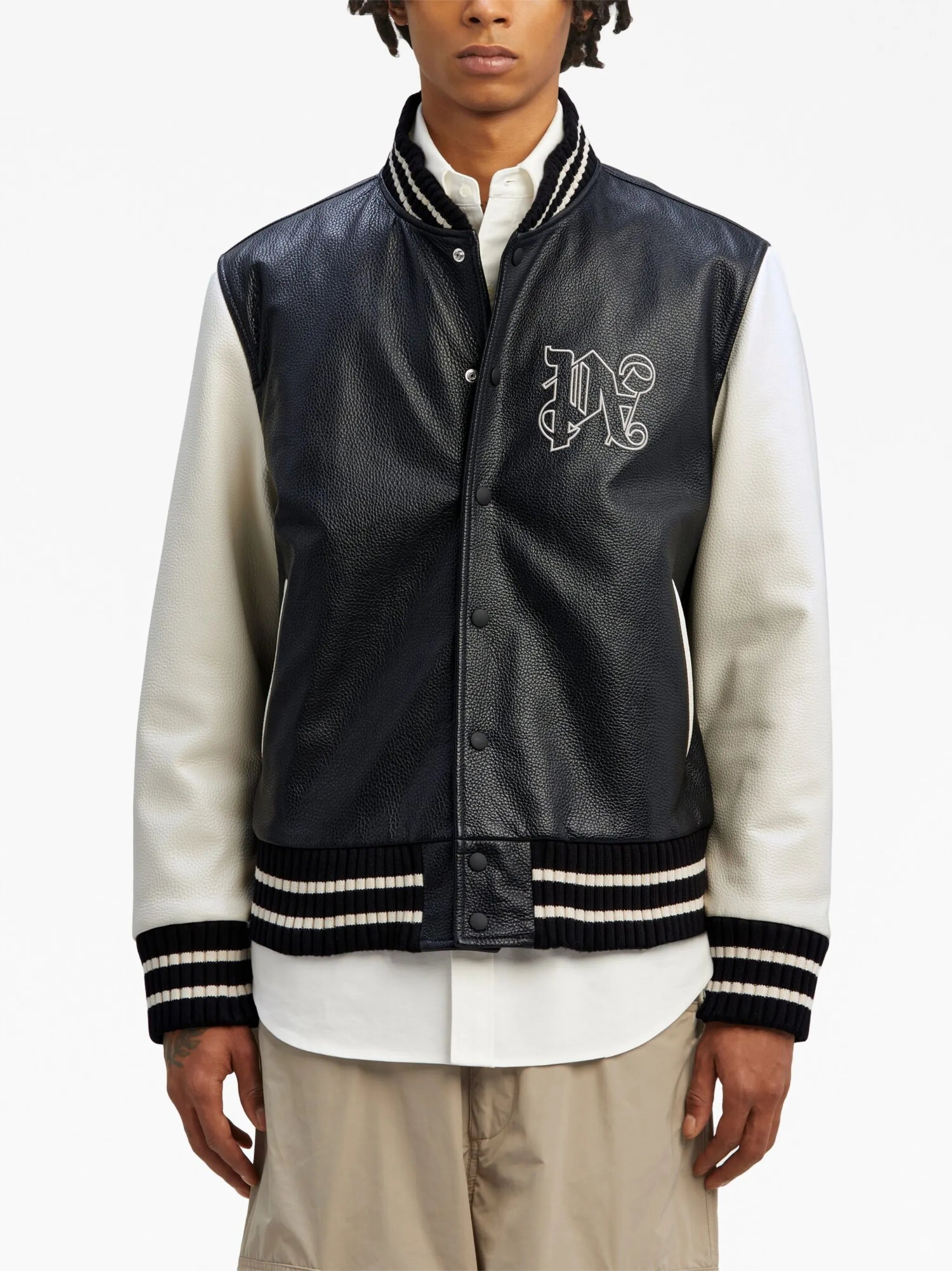 monogram-print leather varsity jacket