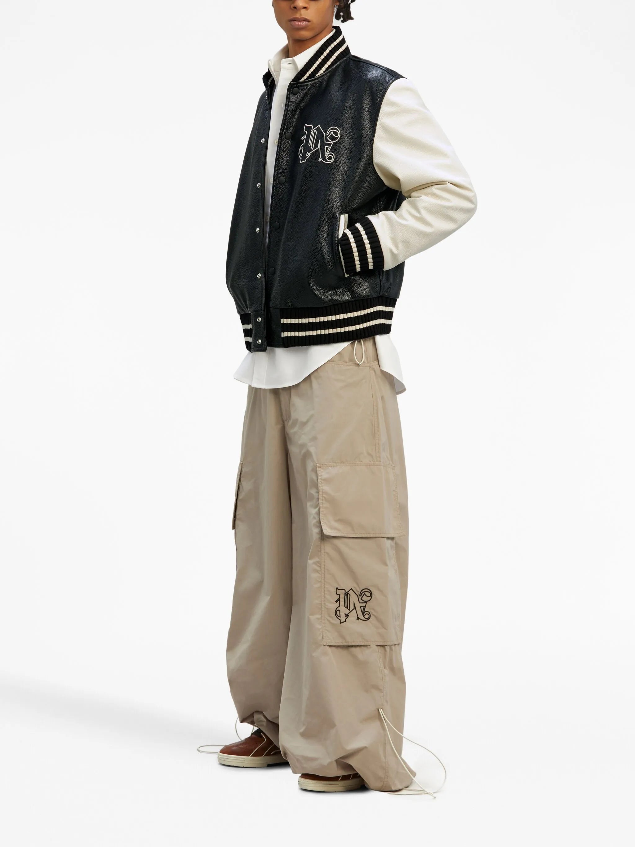 monogram-print leather varsity jacket