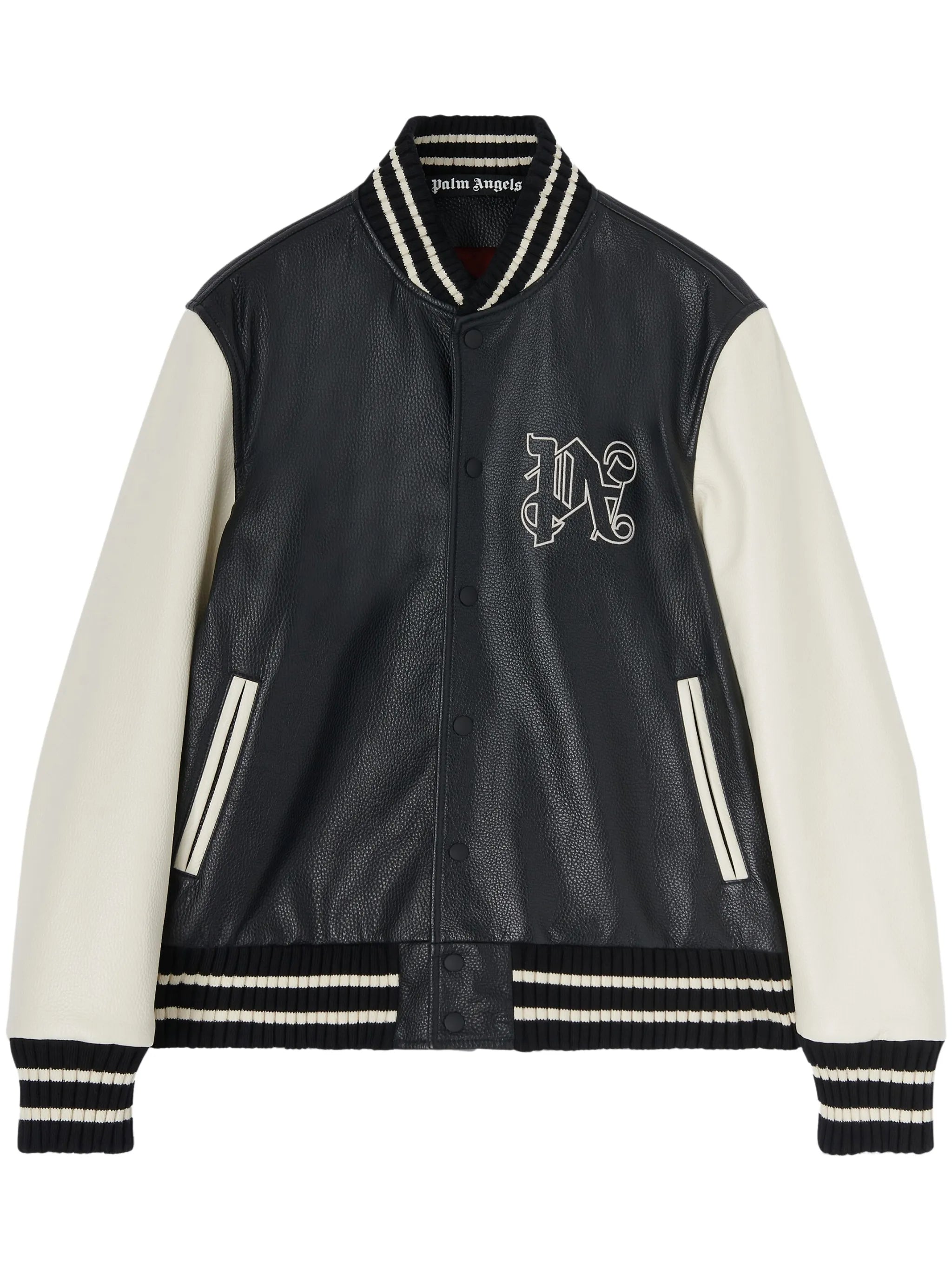 monogram-print leather varsity jacket