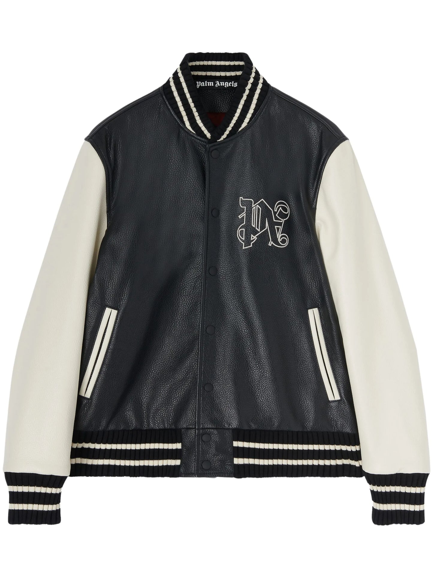 monogram-print leather varsity jacket