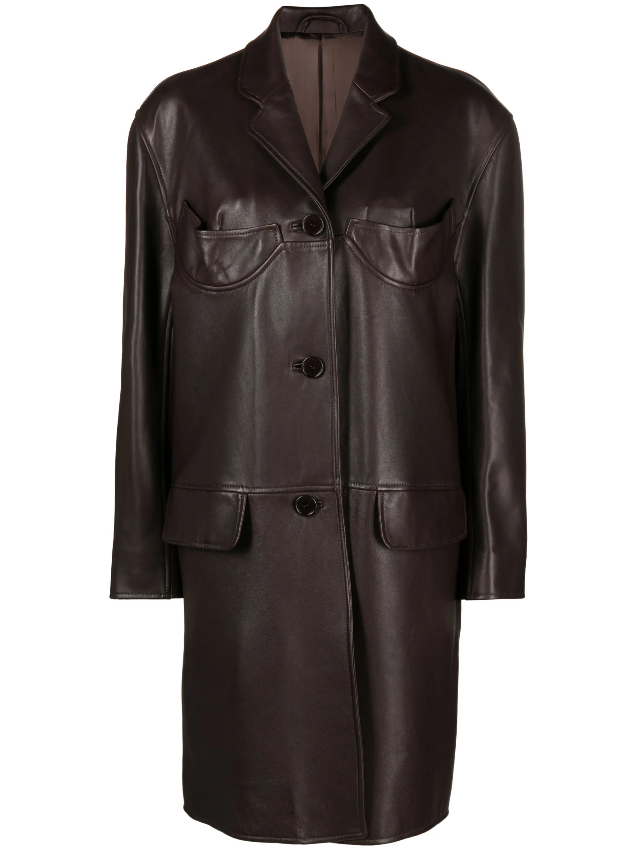 single-breasted leather trench coat