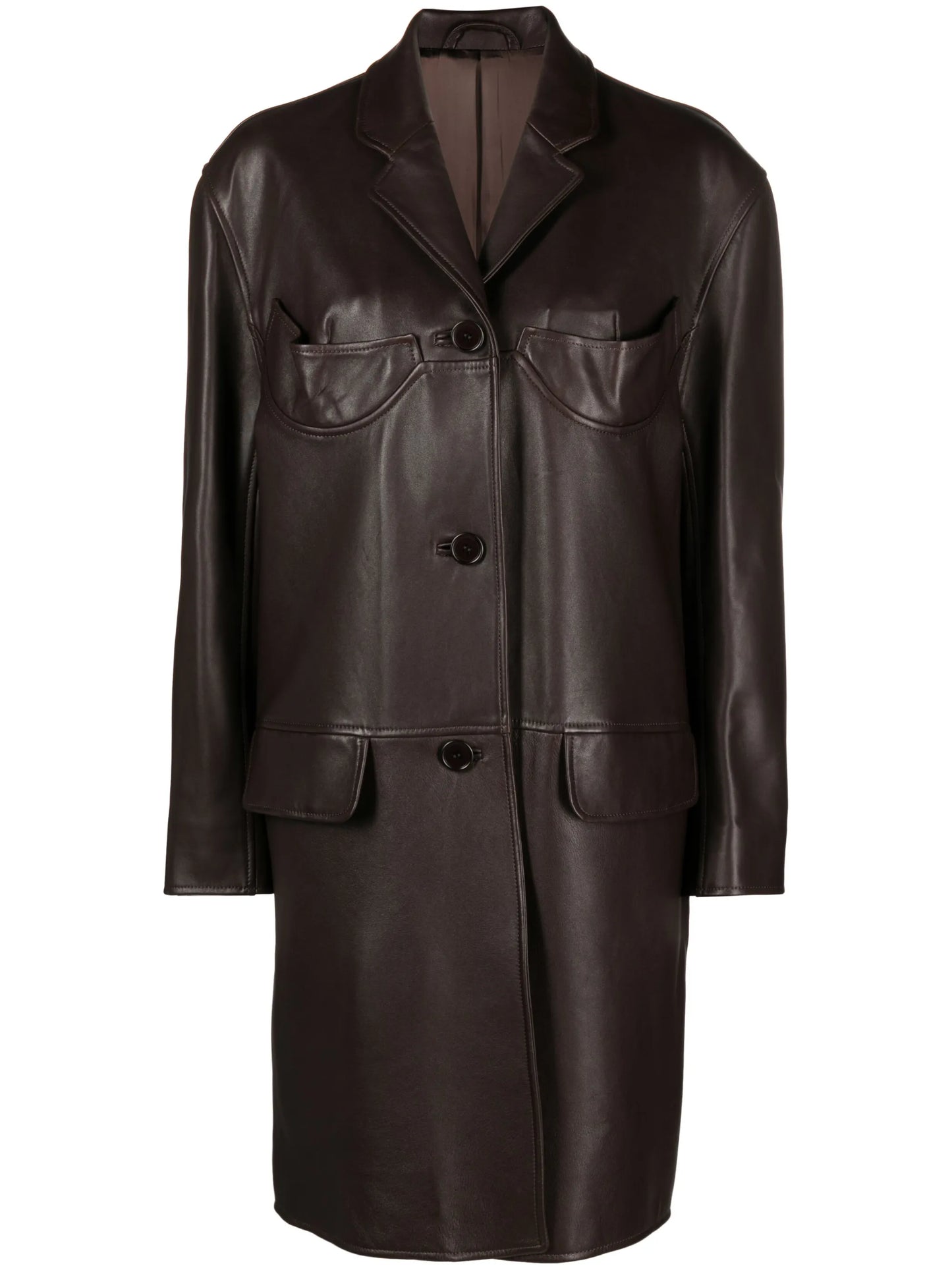 single-breasted leather trench coat