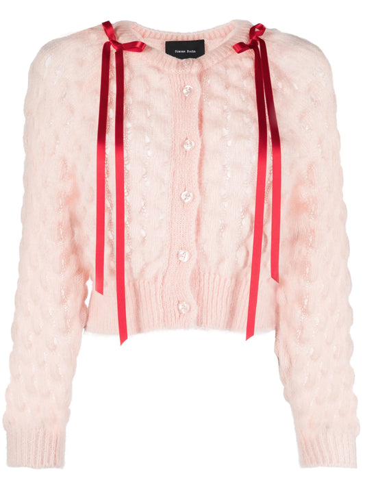 bow-embellished bubble-knit cardigan