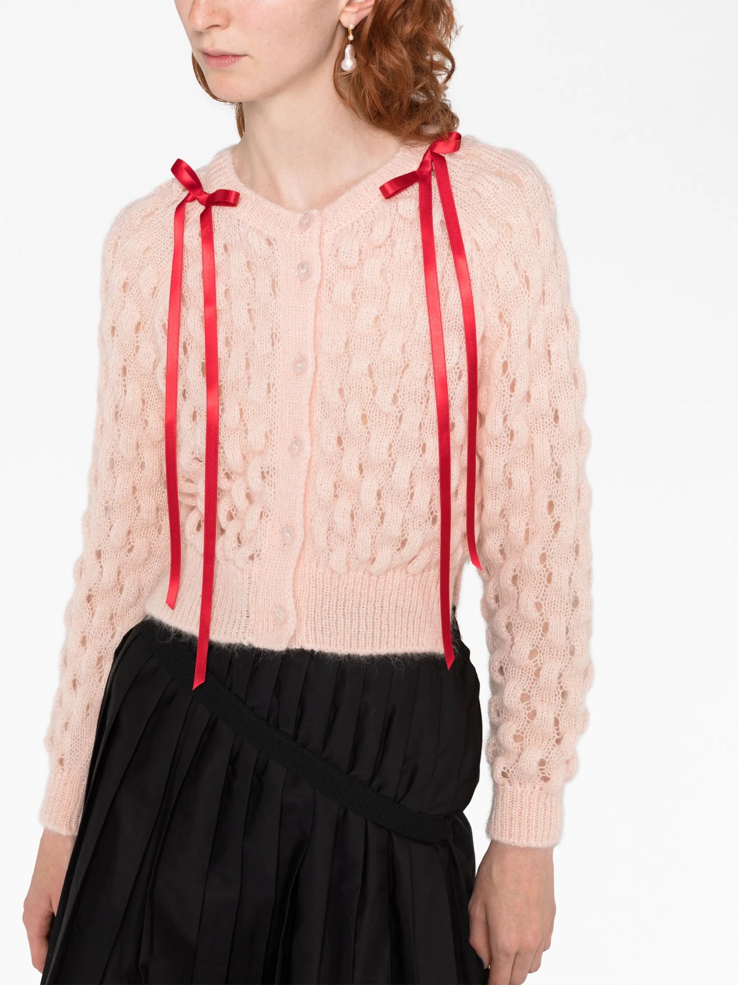 bow-embellished bubble-knit cardigan