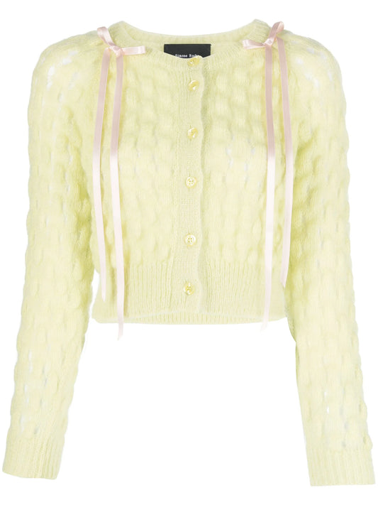 bow-embellished bubble-knit cardigan
