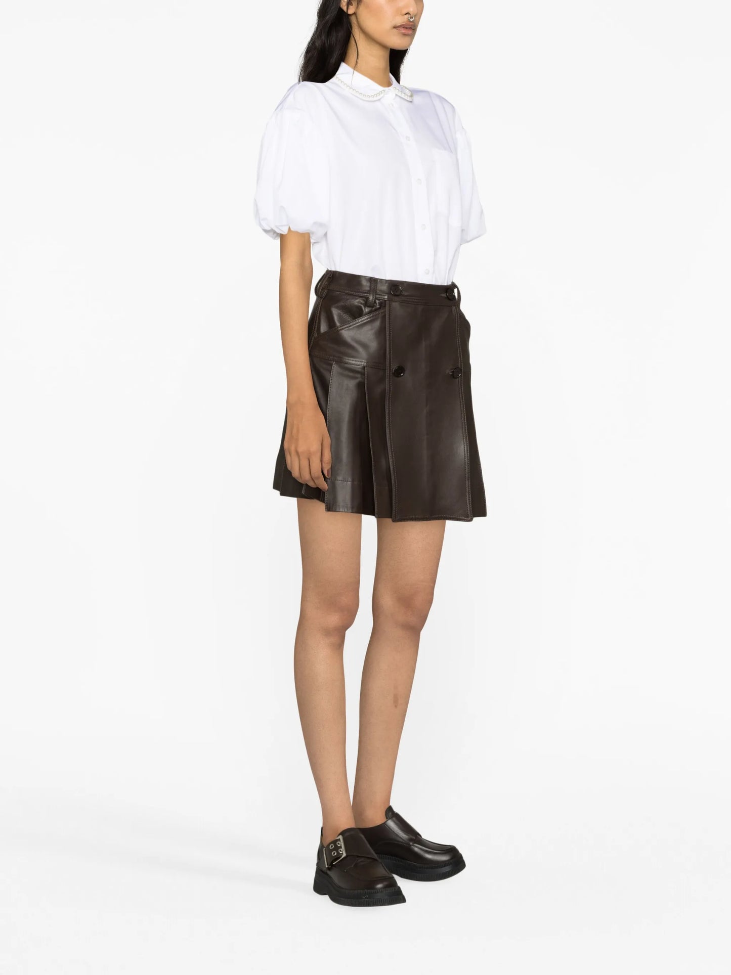 pleated leather miniskirt