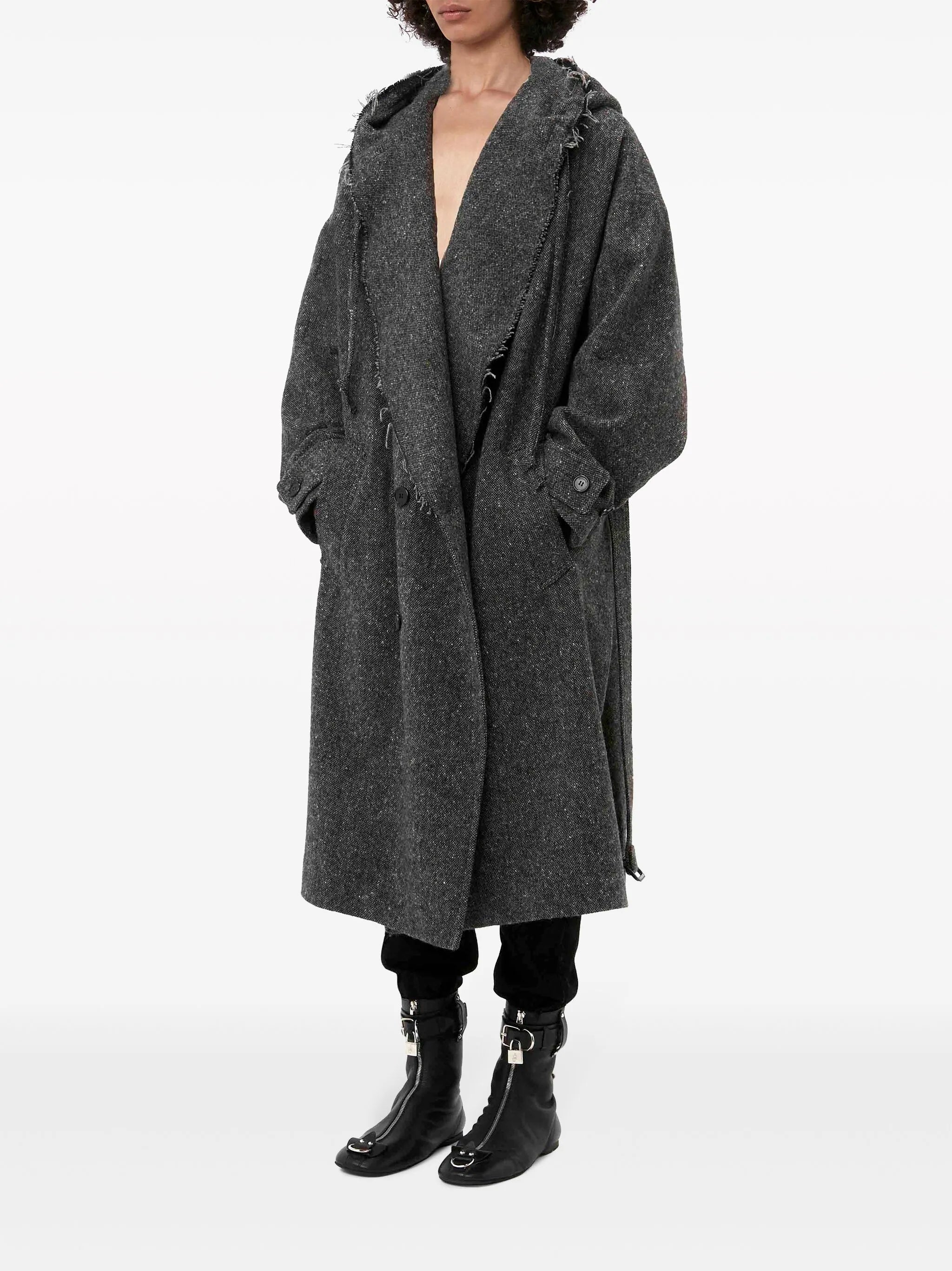 frayed-edge hooded trench coat