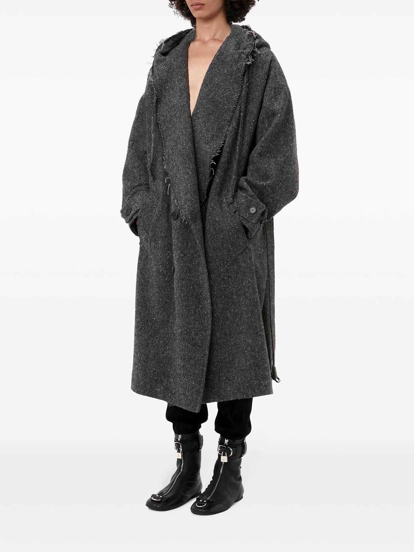 frayed-edge hooded trench coat