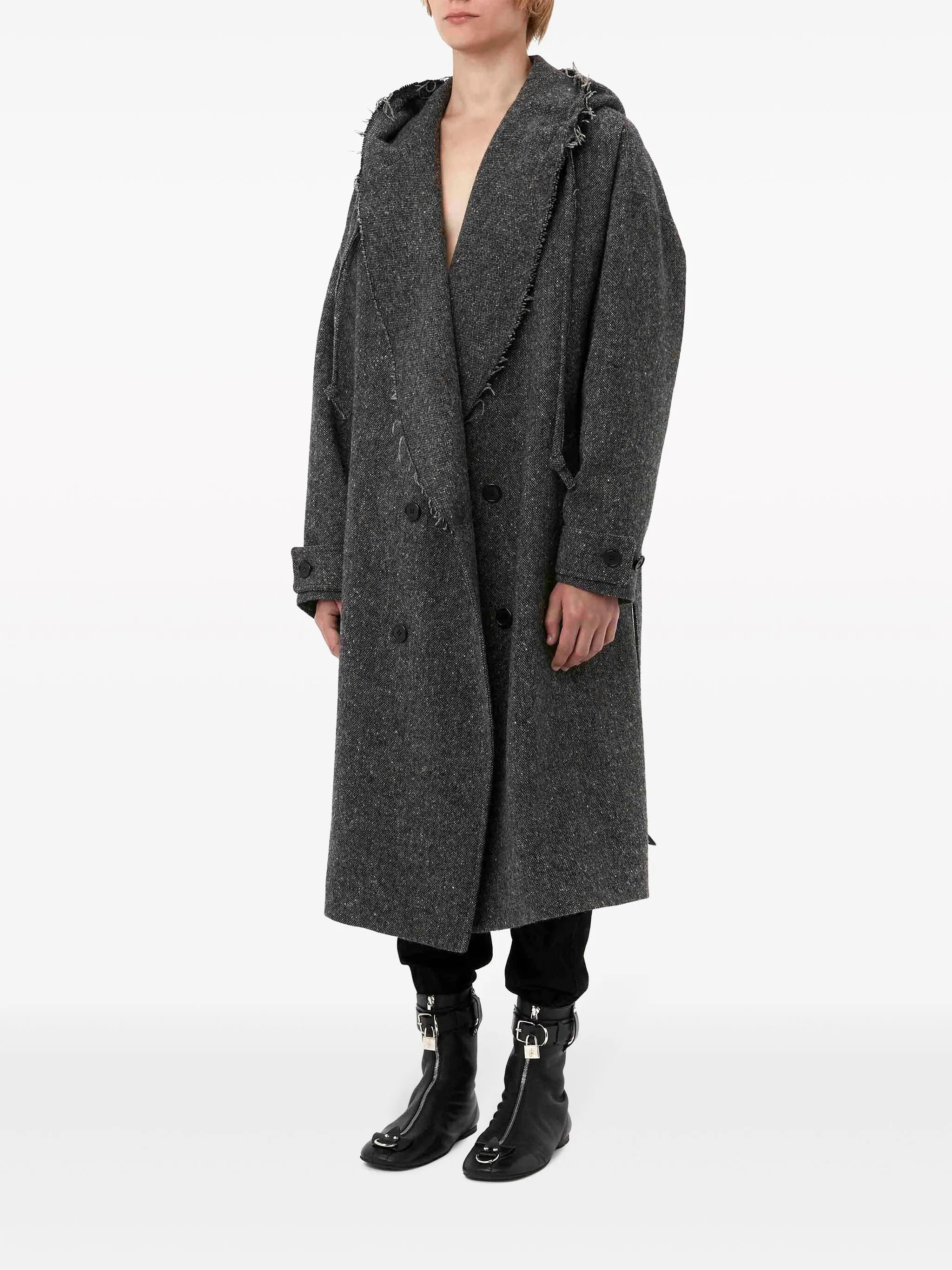 frayed-edge hooded trench coat