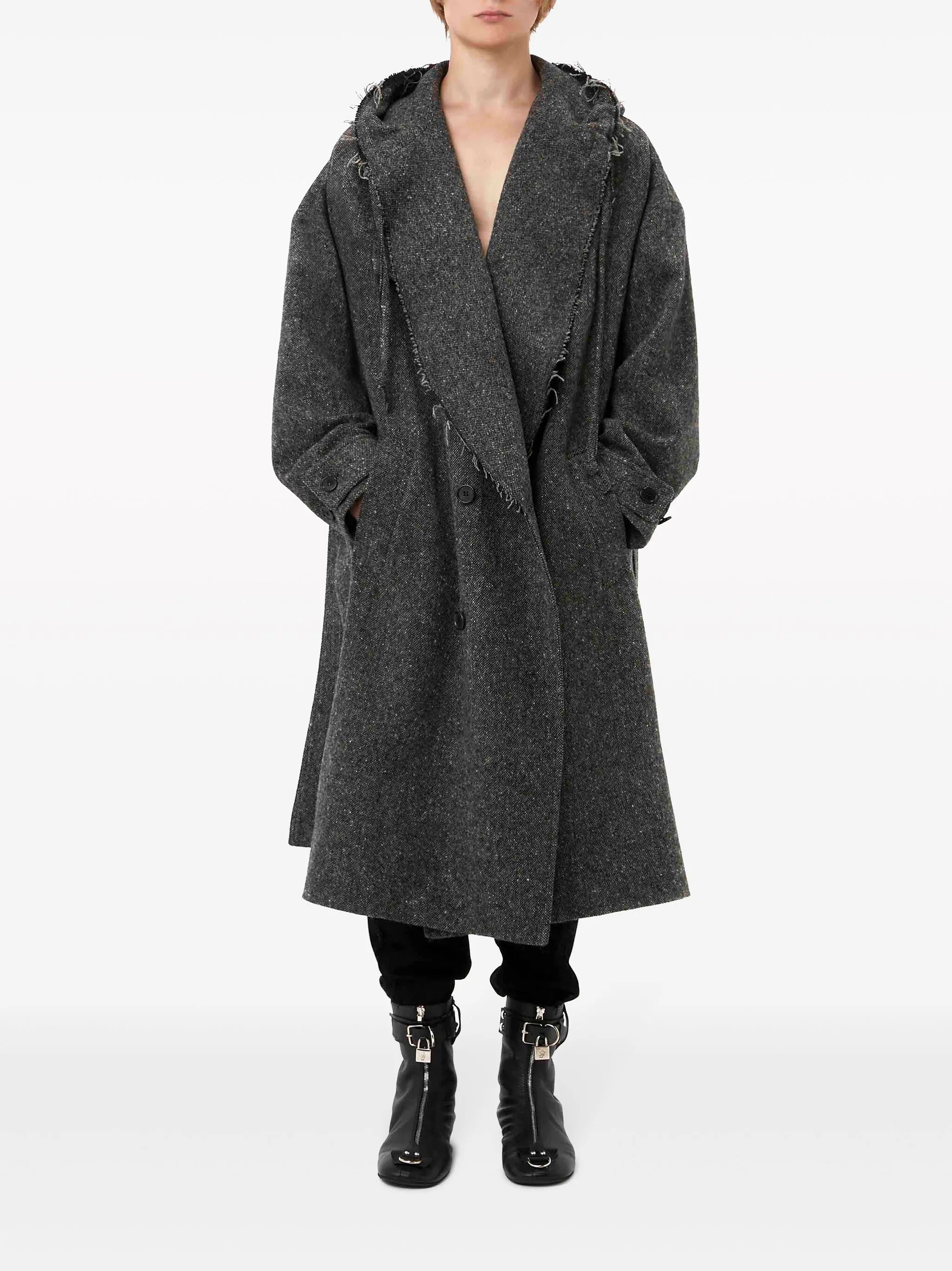 frayed-edge hooded trench coat