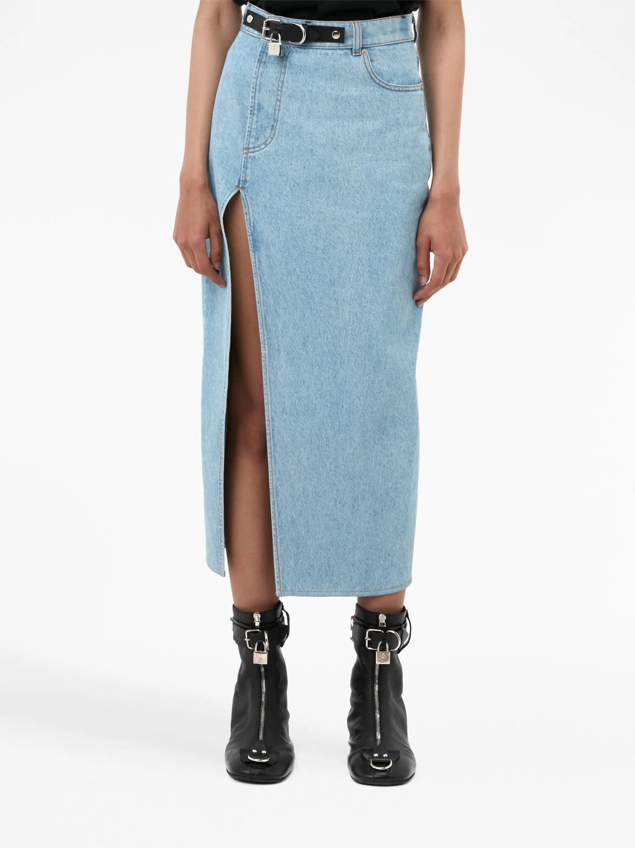 asymmetric denim midi skirt