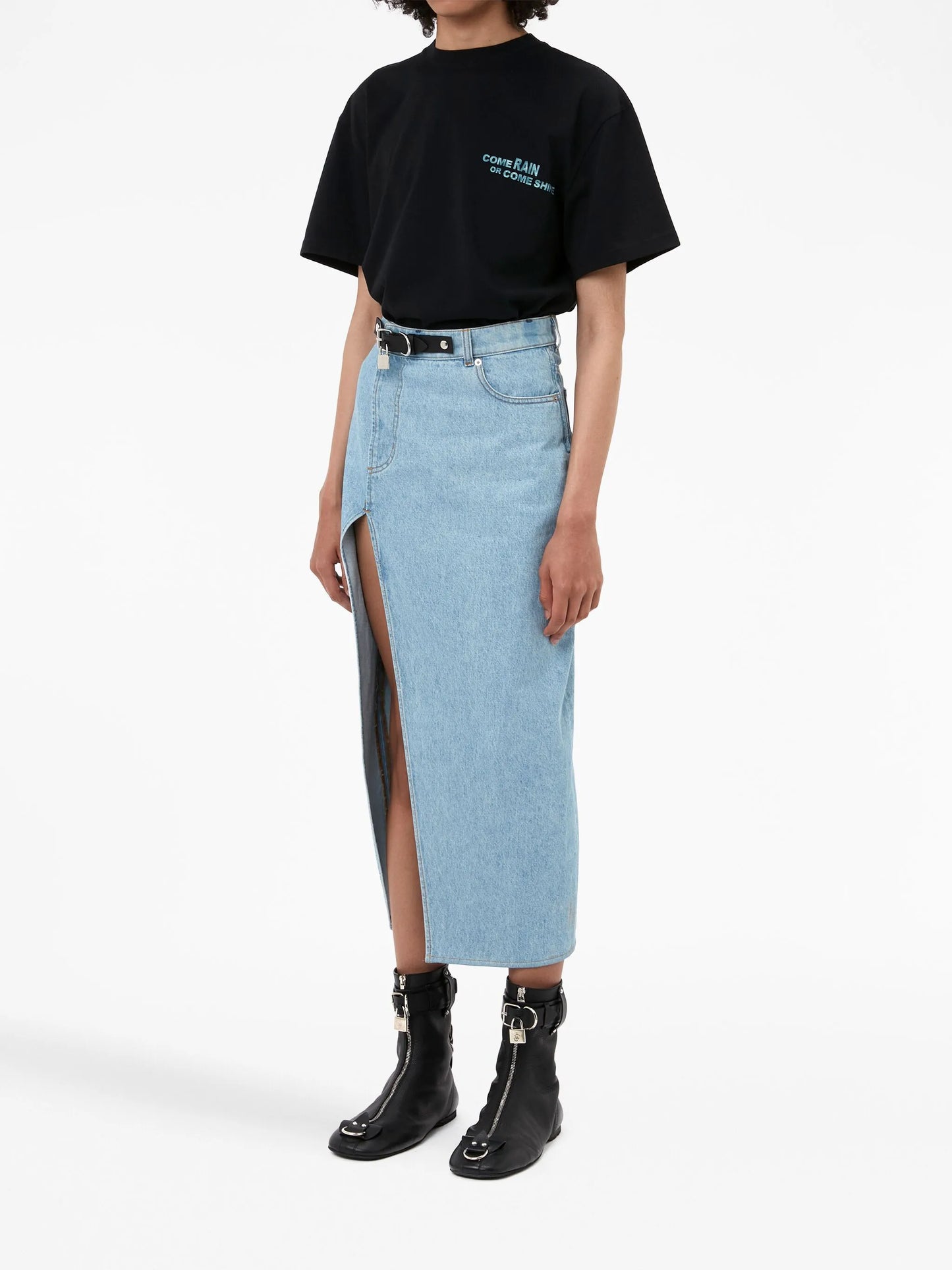 asymmetric denim midi skirt