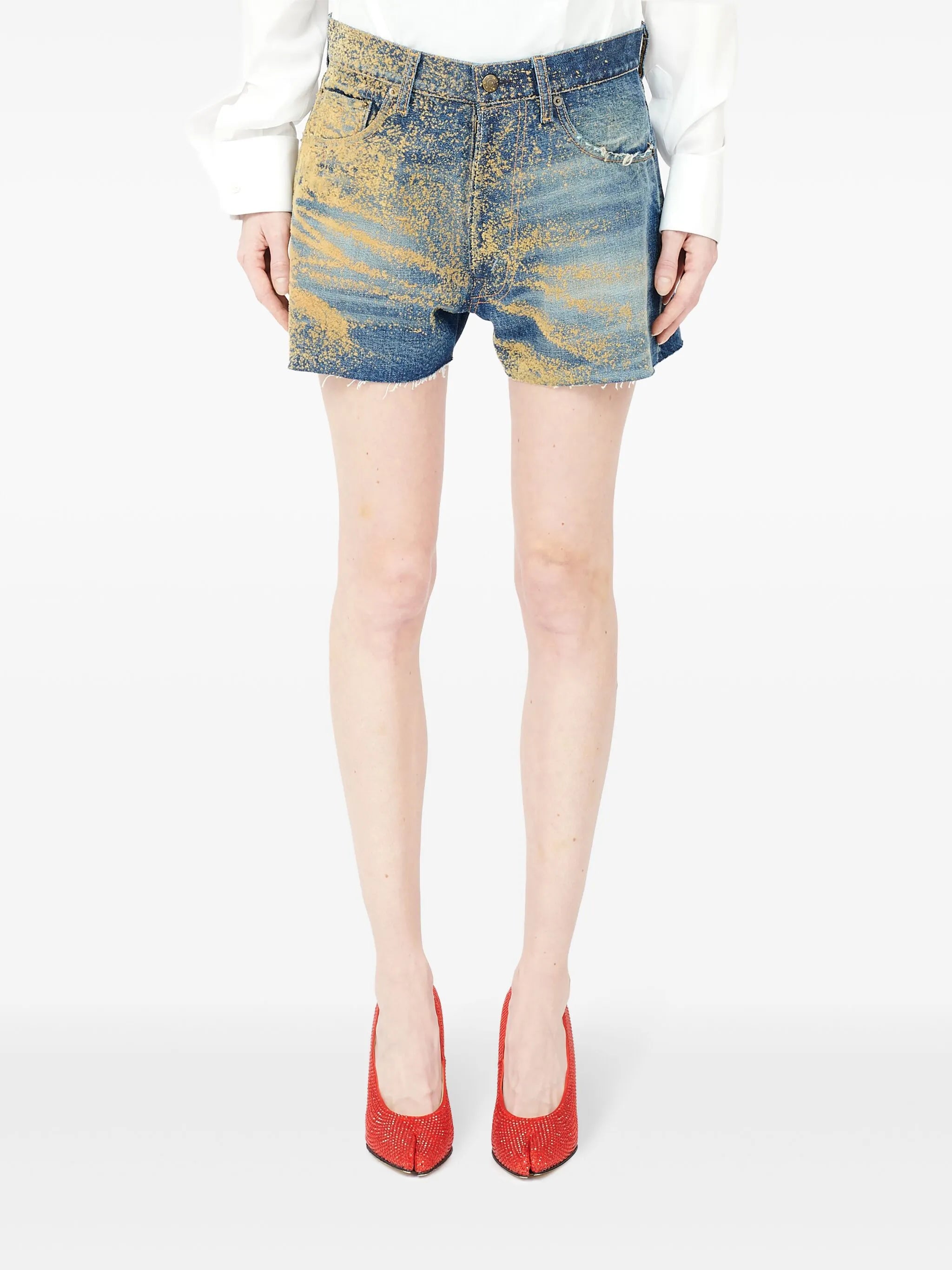 flocked high-waisted denim shorts