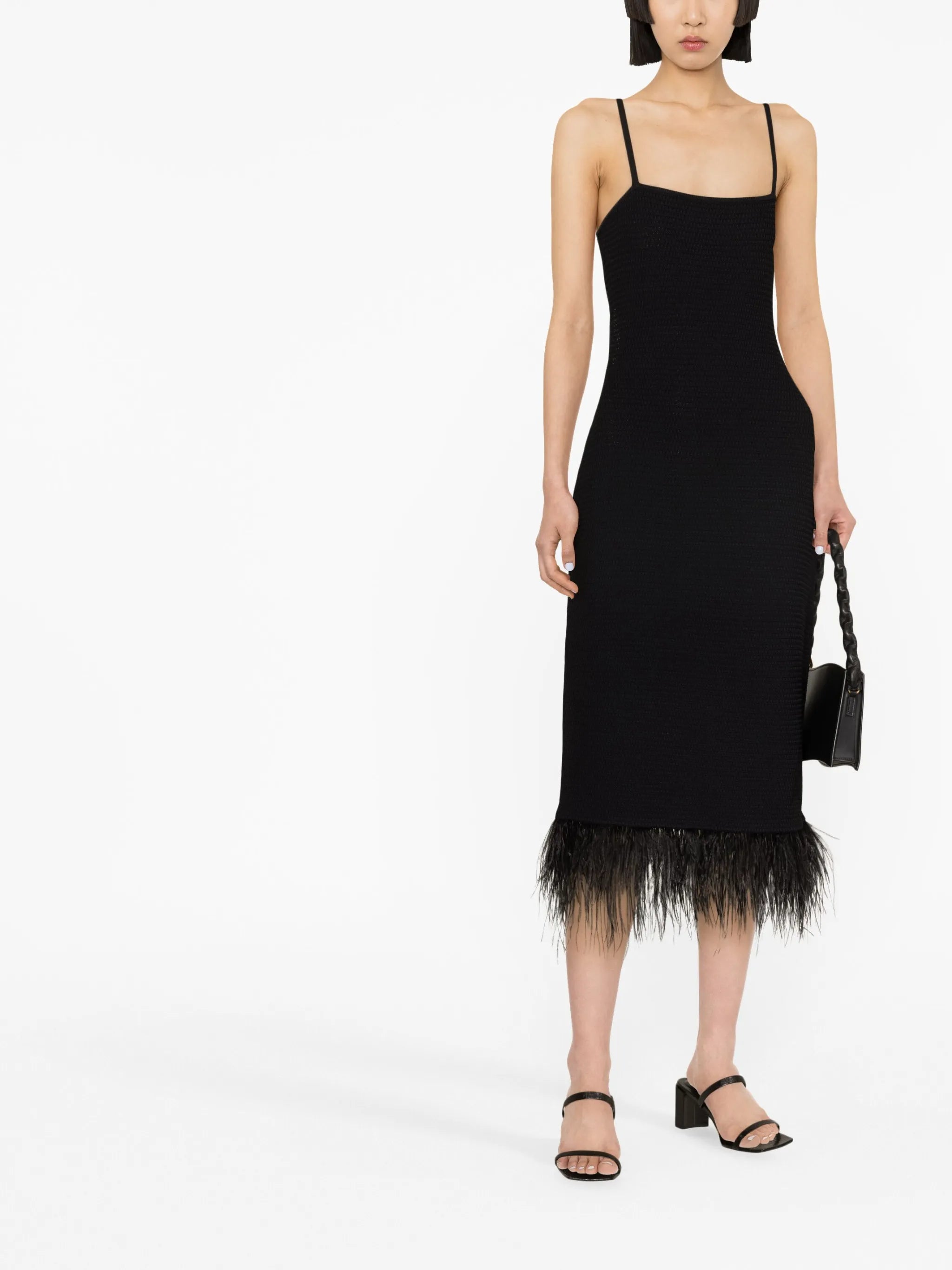 crochet-knit feather-trim dress