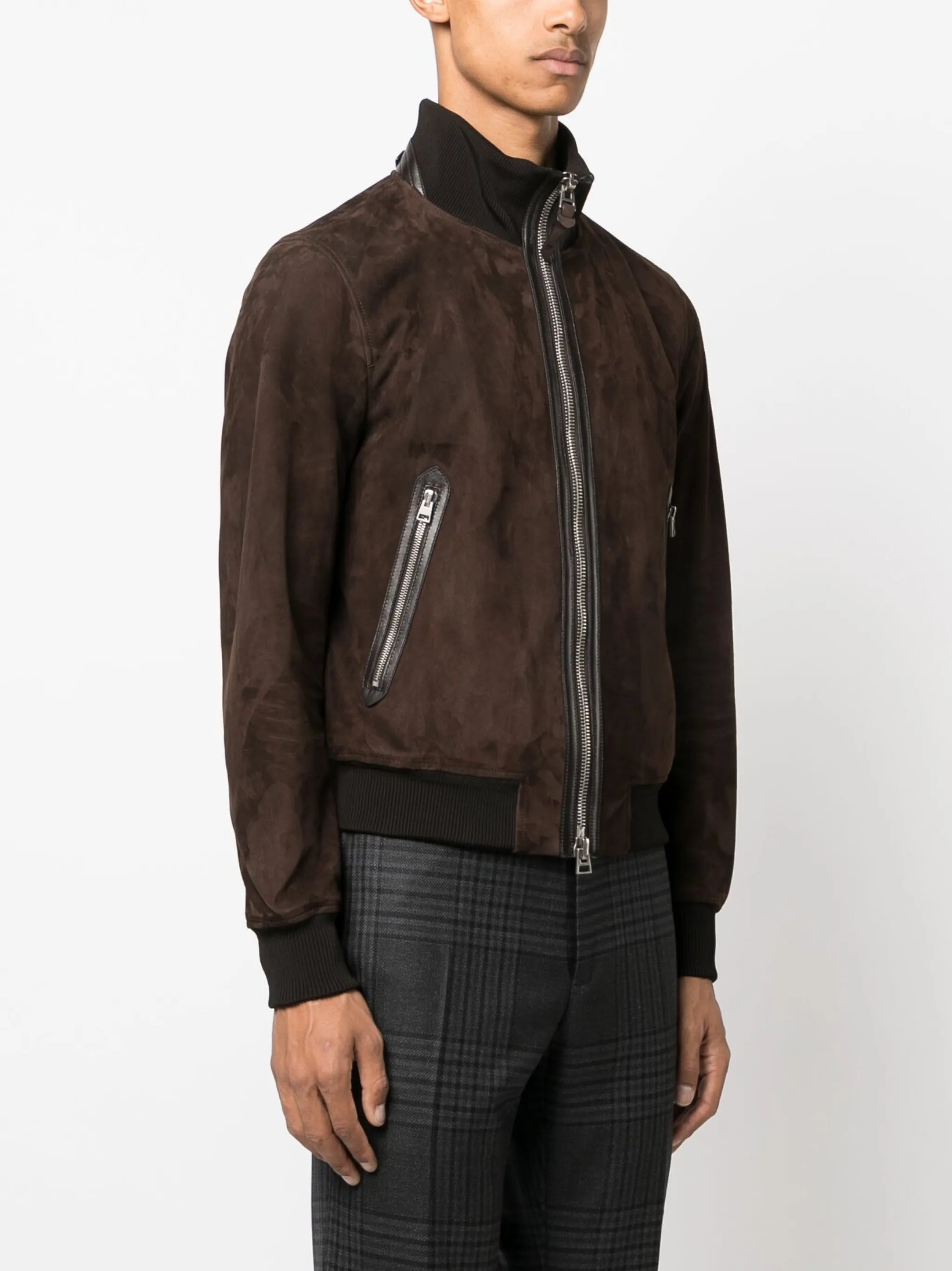 zip-up suede bomber jacket
