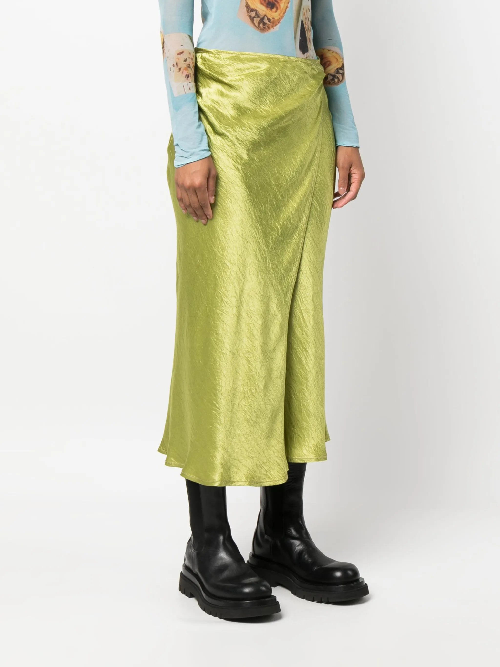 wraparound crinkled satin midi skirt