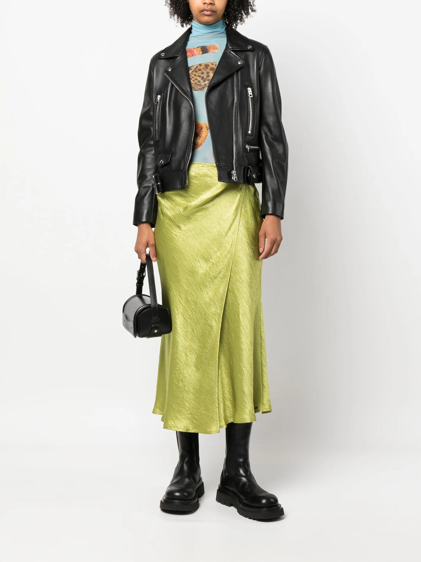 wraparound crinkled satin midi skirt