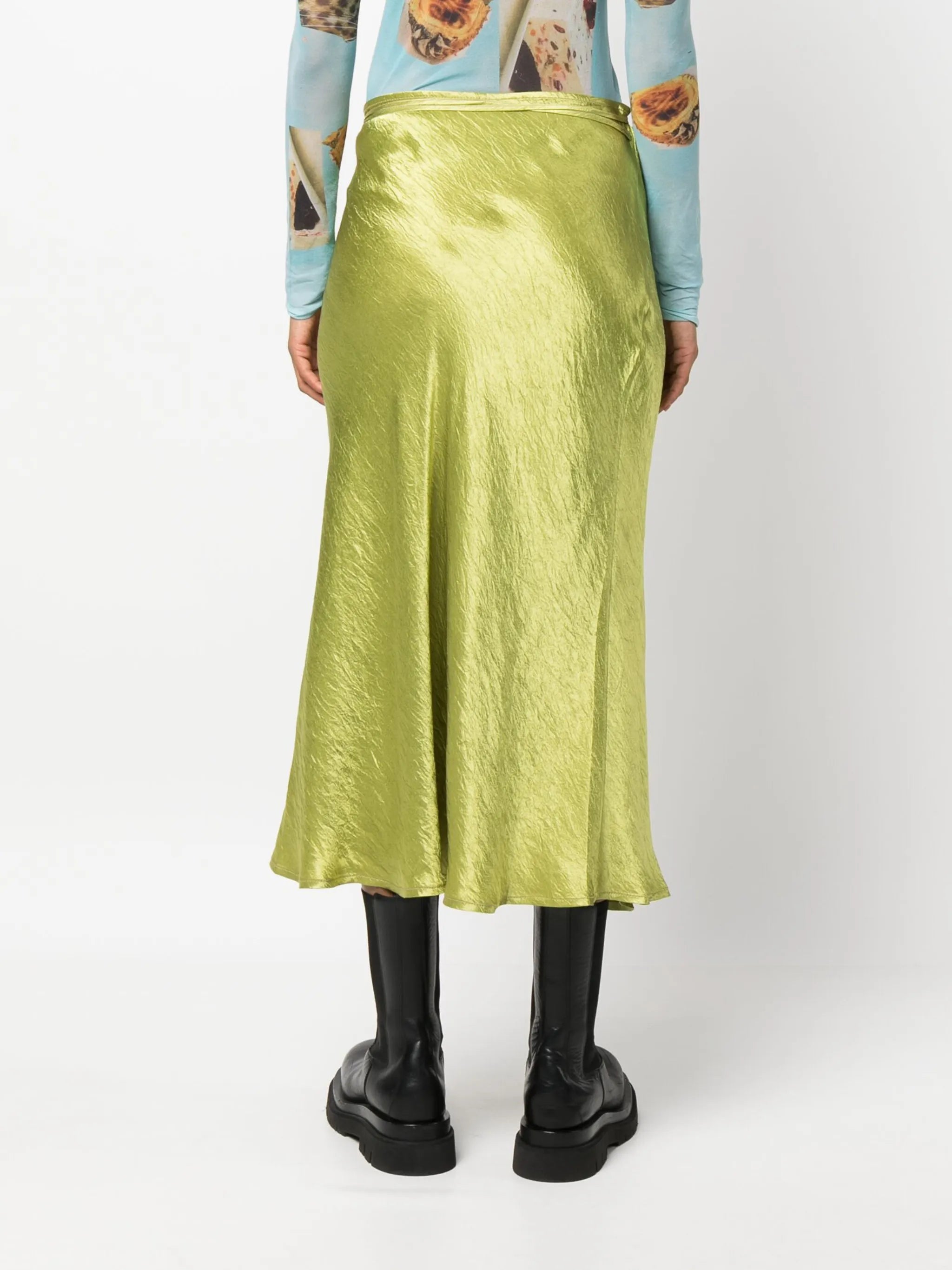 wraparound crinkled satin midi skirt