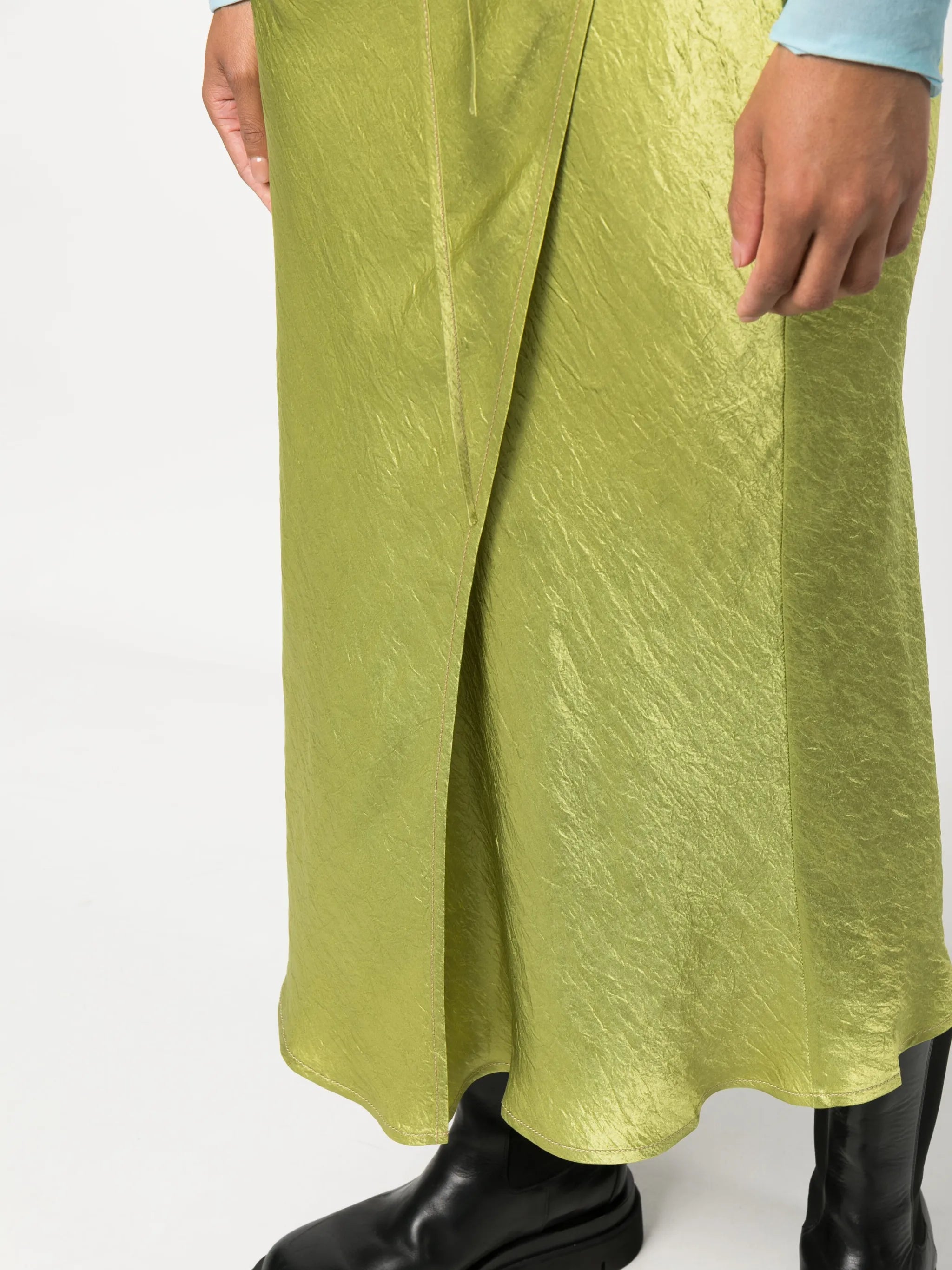 wraparound crinkled satin midi skirt