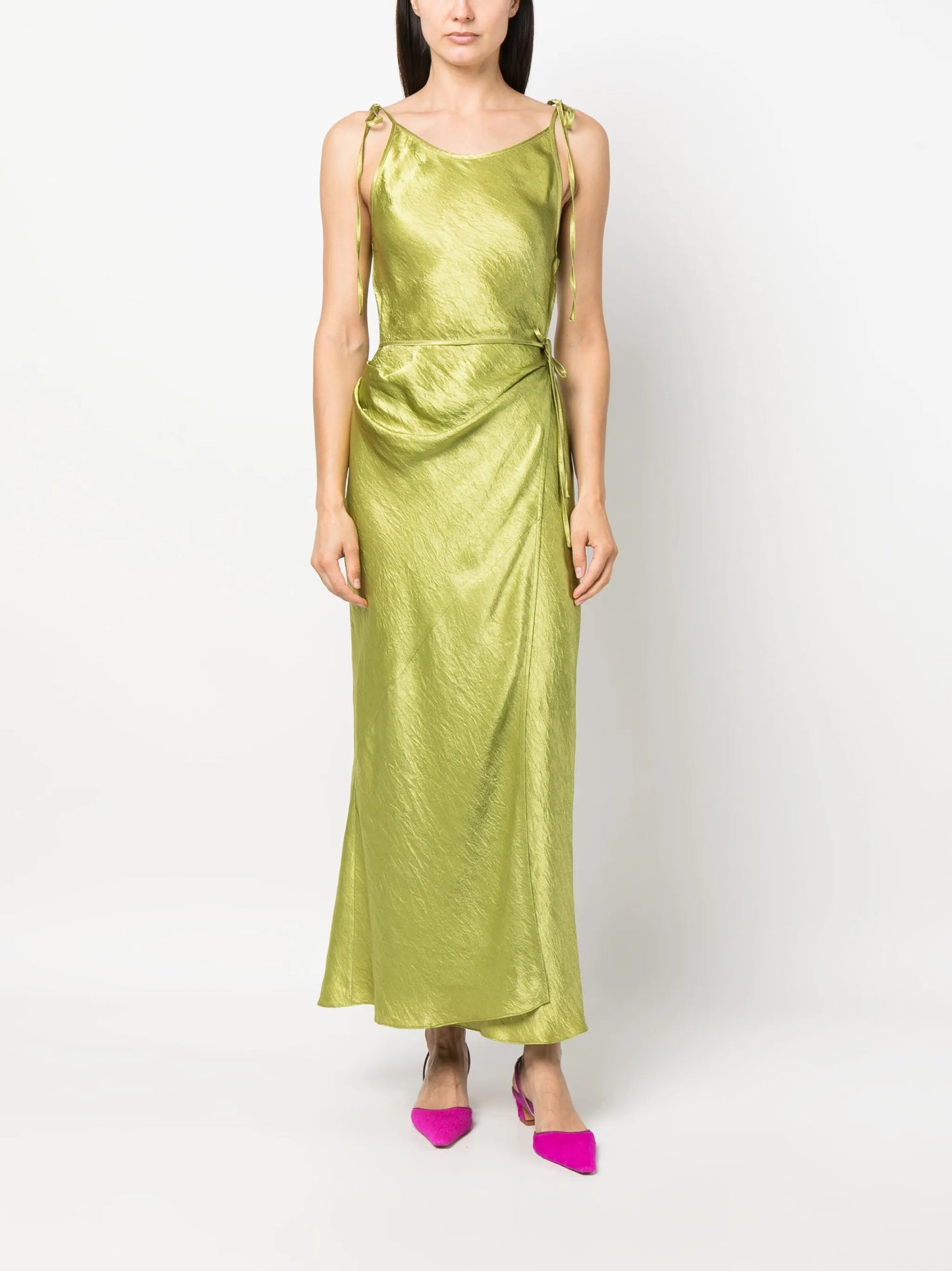 crinkled satin wrap dress