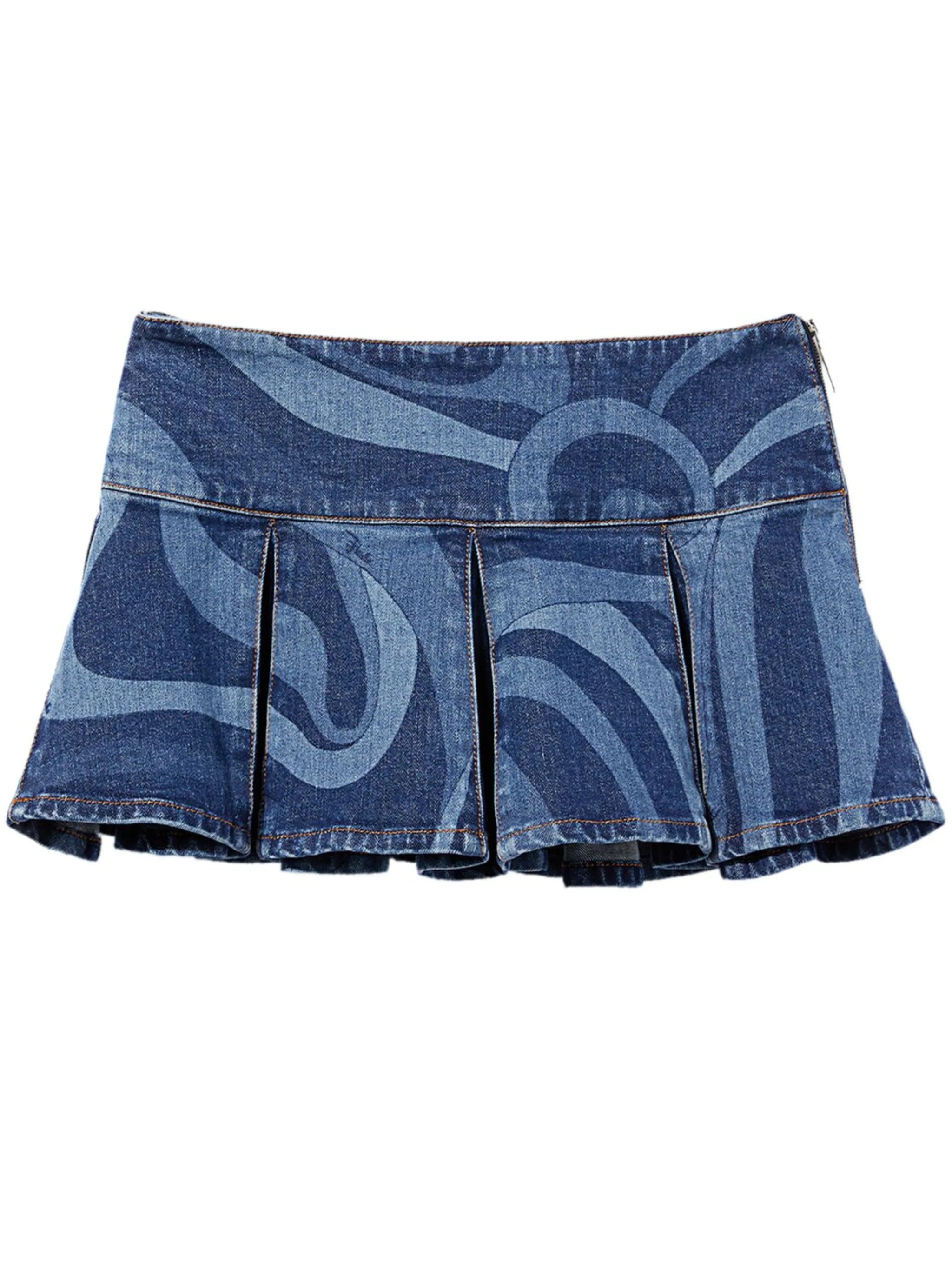 abstract-print pleated denim skirt