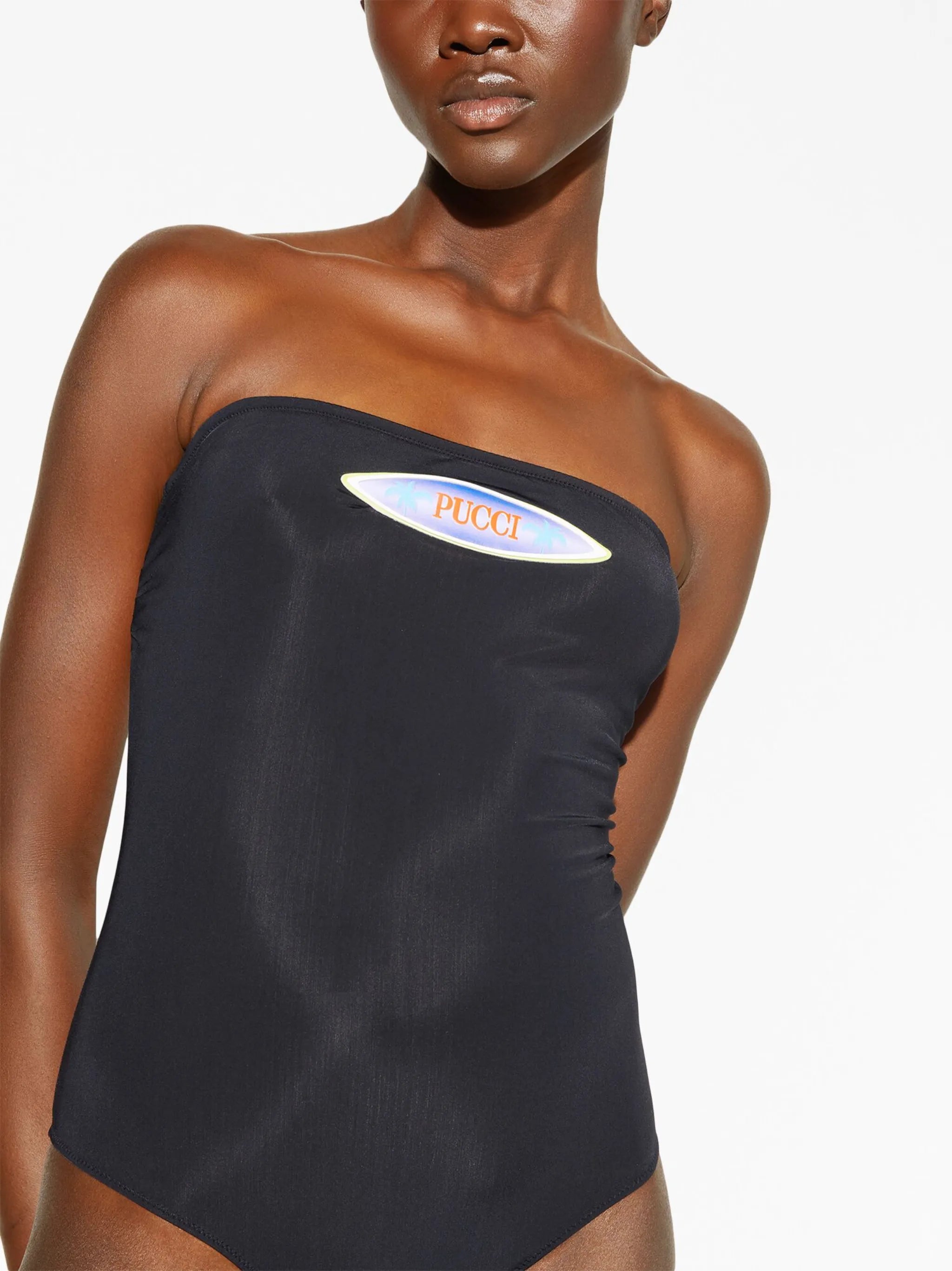 logo-patch strapless swimsuit