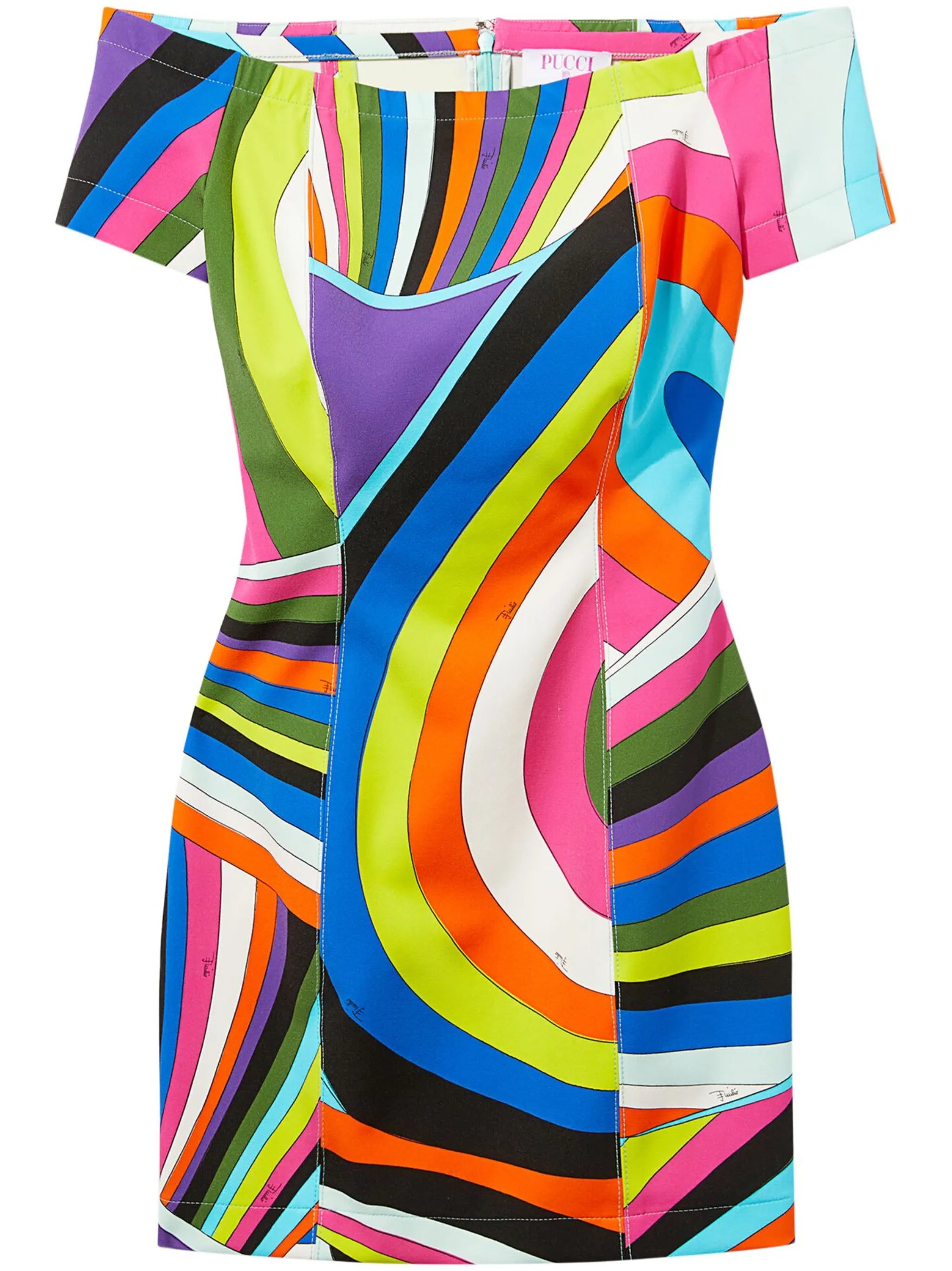 Iride-print off-shoulder minidress