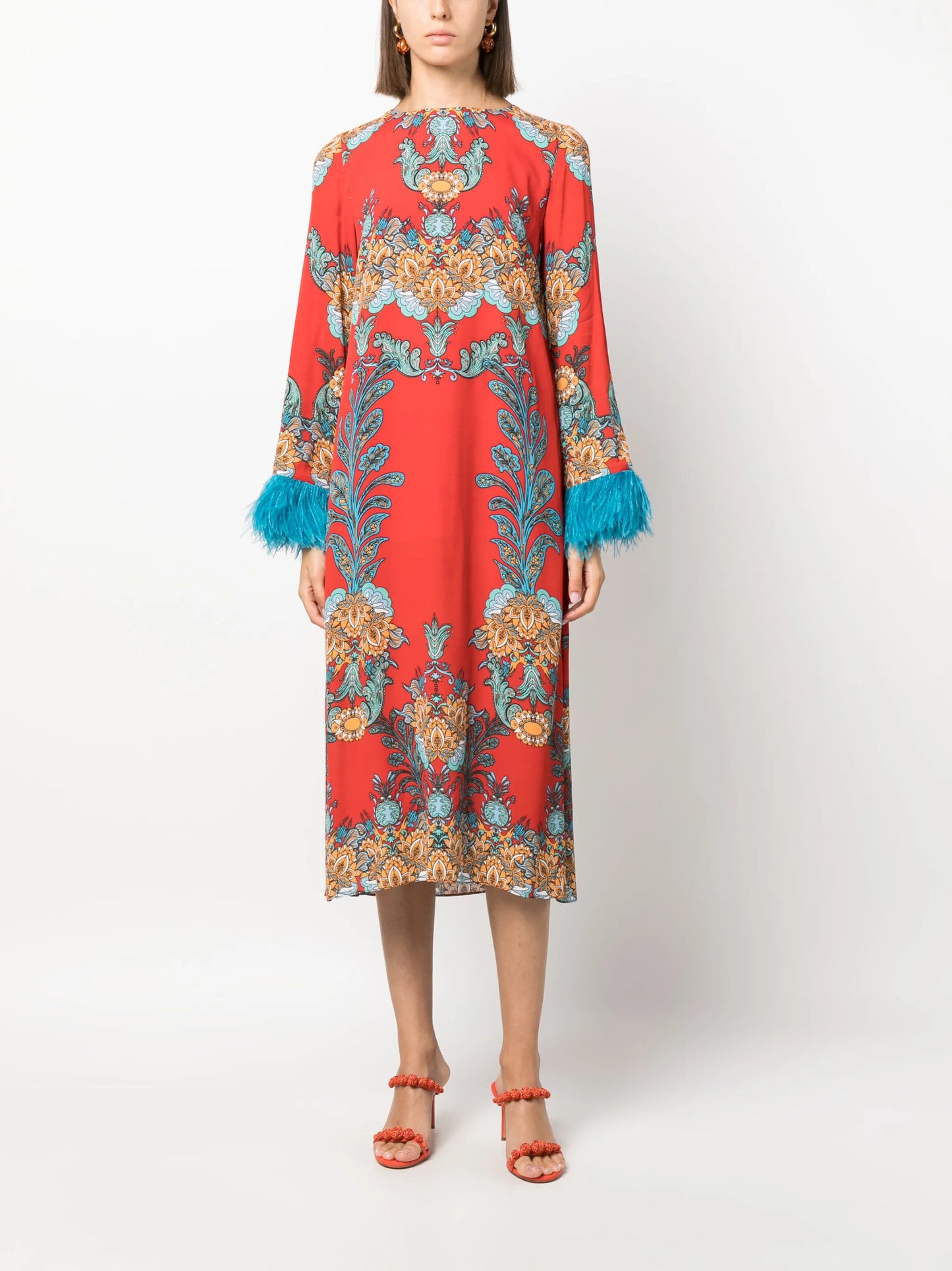 Seraphina feather-trim crepe dress