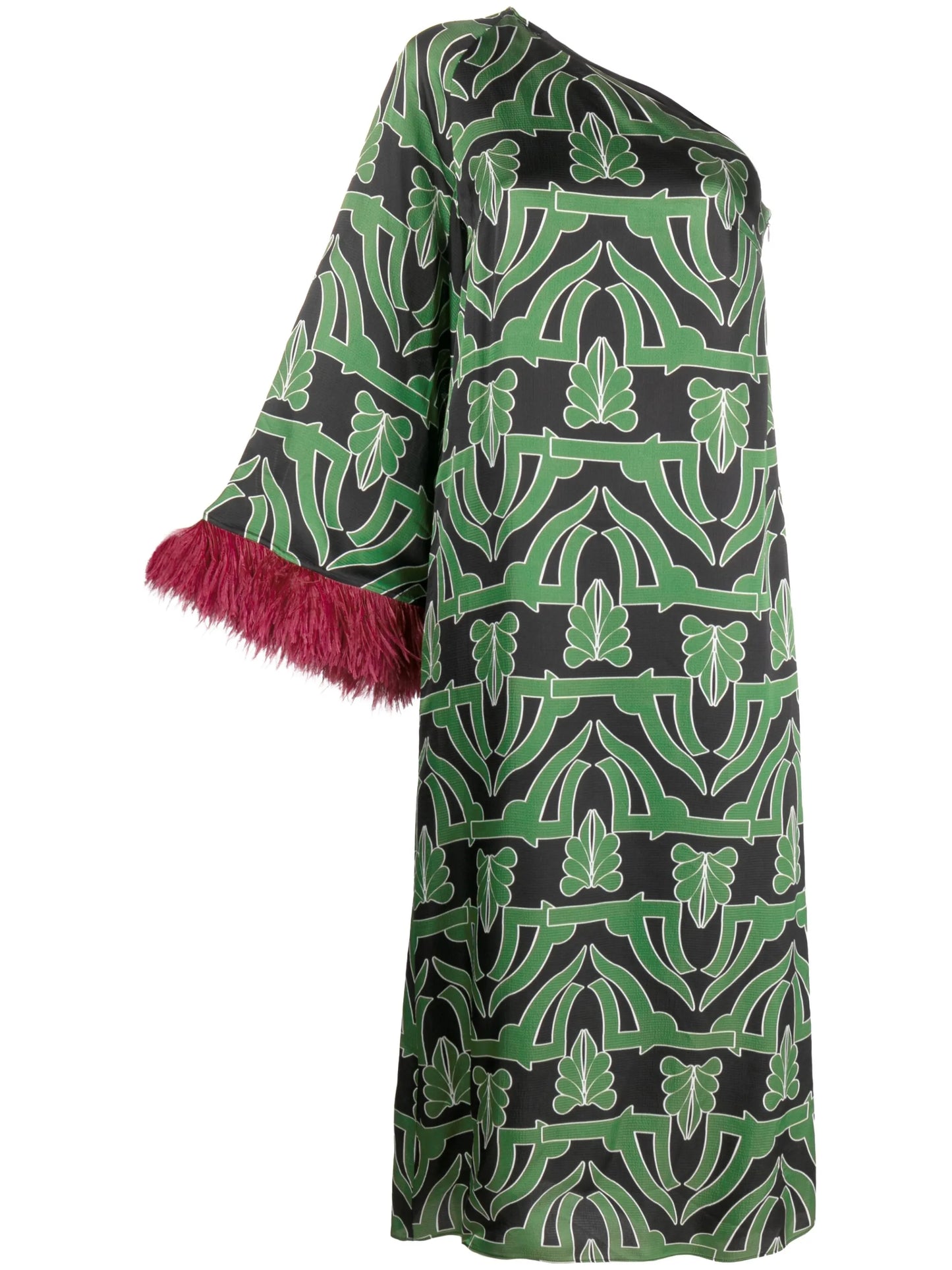 Audrey geometric-print feather-trim dress