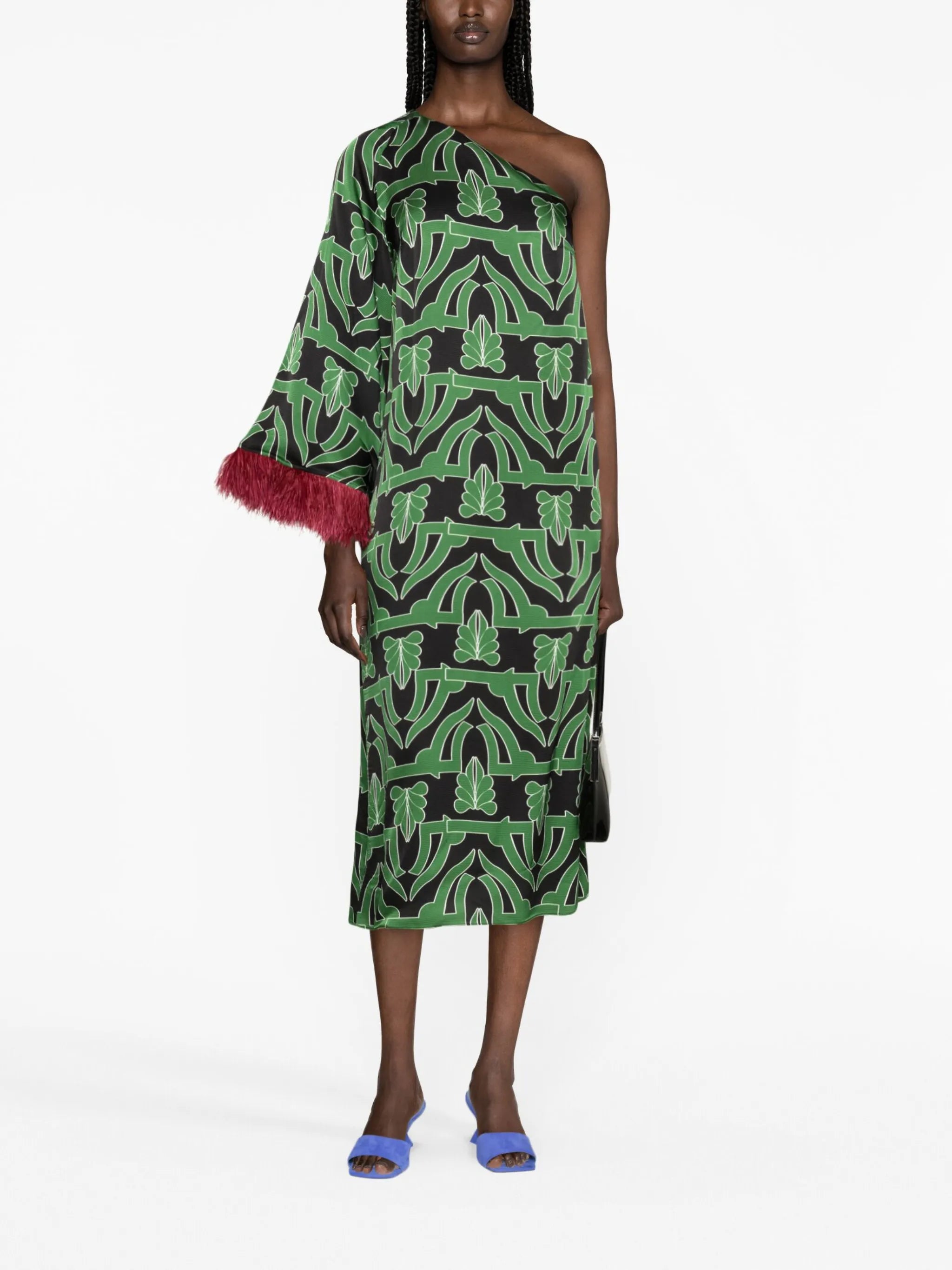 Audrey geometric-print feather-trim dress