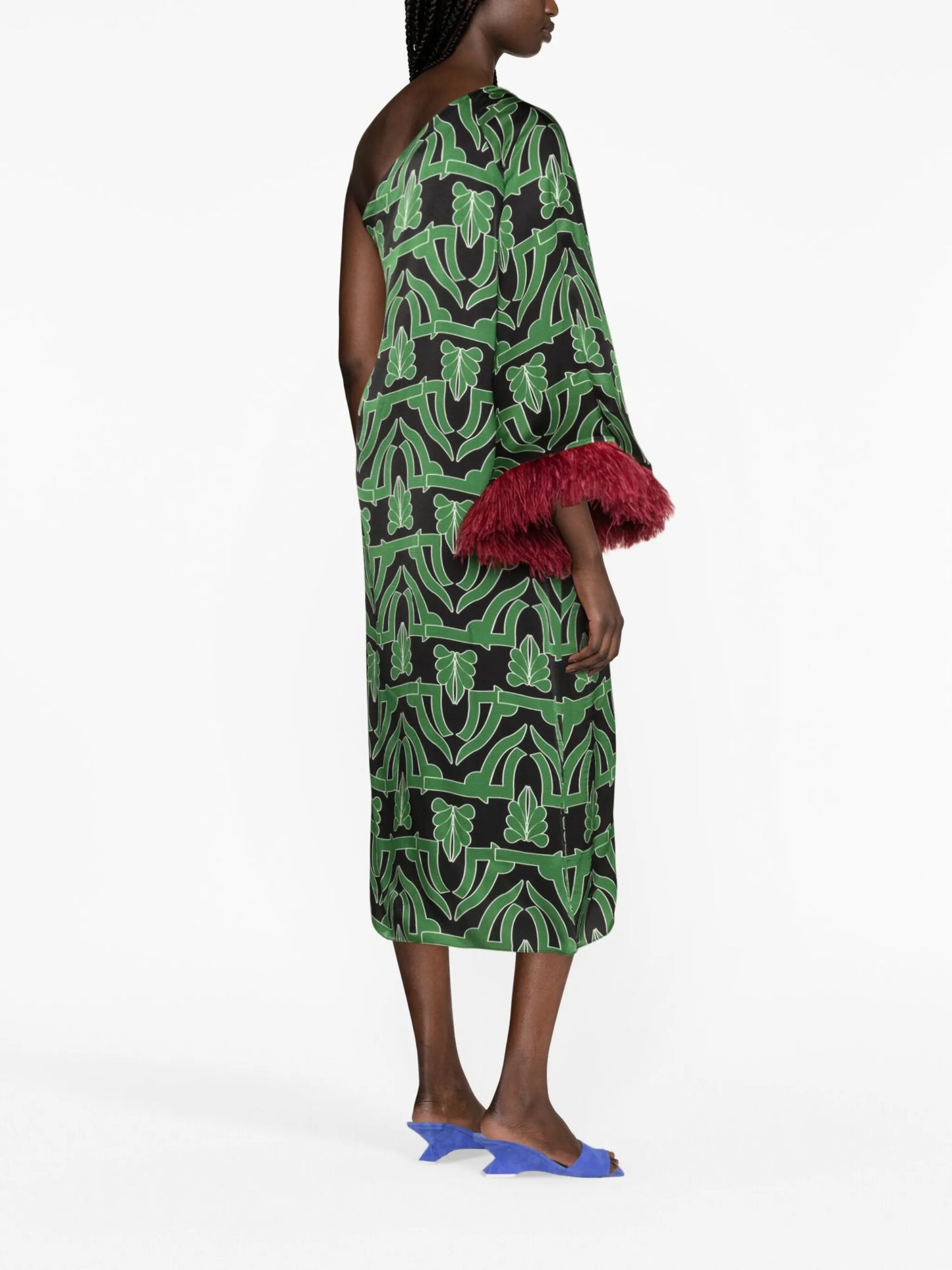 Audrey geometric-print feather-trim dress