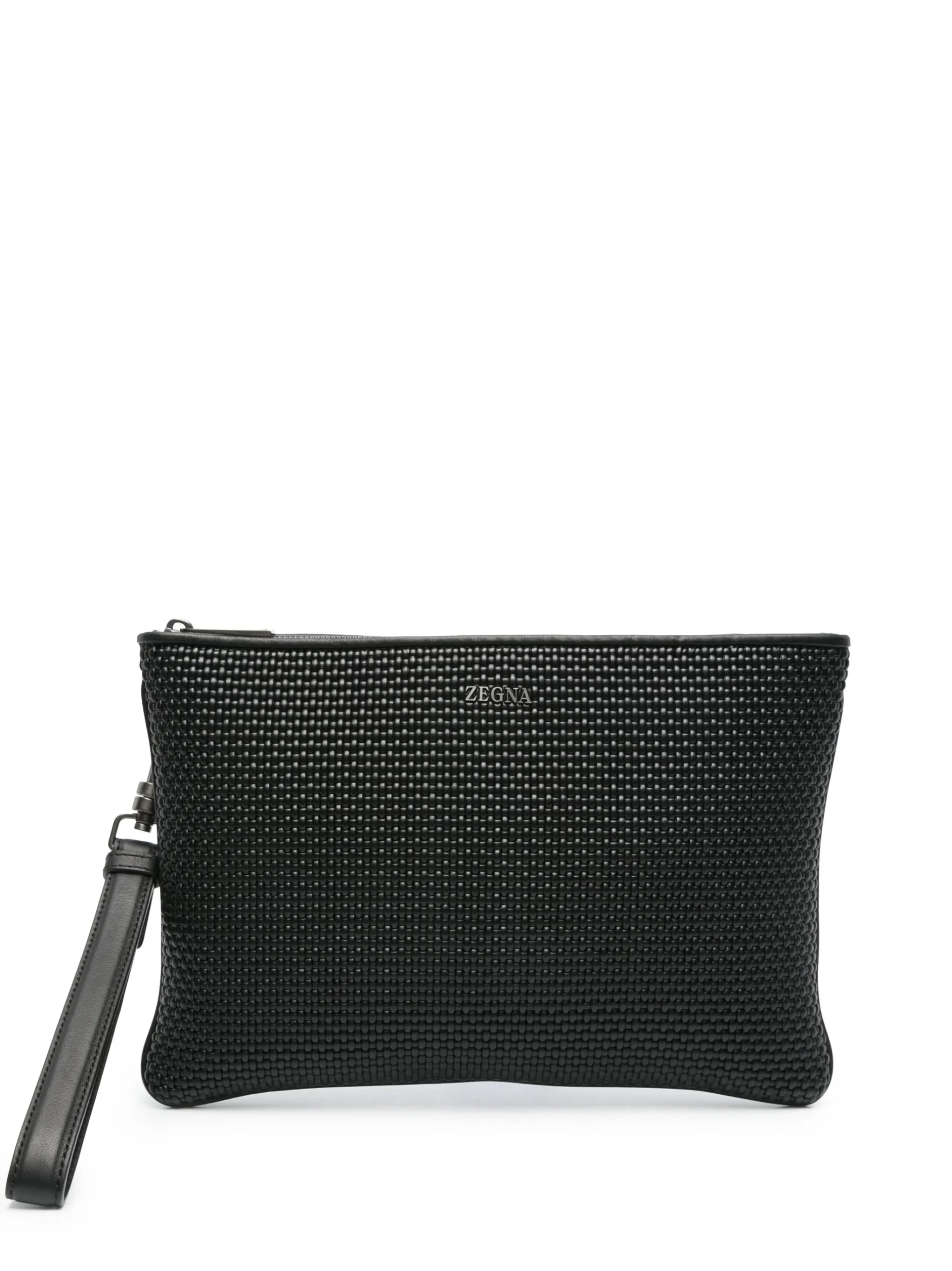 logo-plaque woven leather pouch
