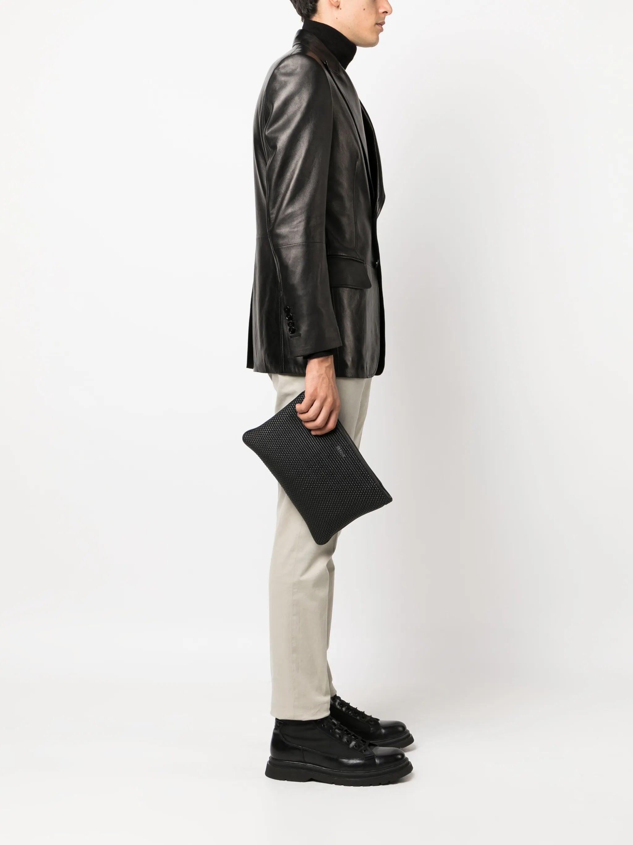 logo-plaque woven leather pouch