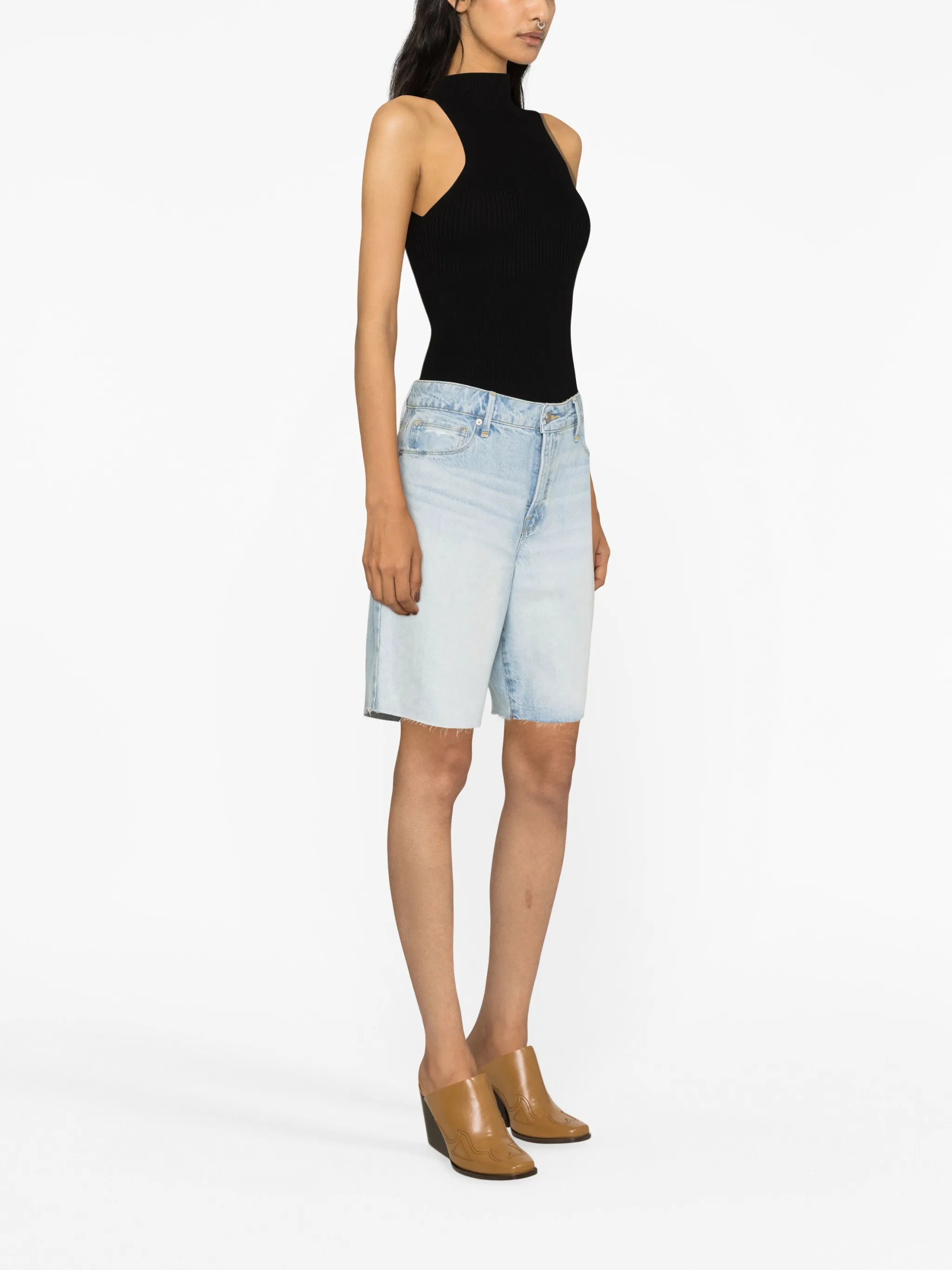 knee-length denim shorts