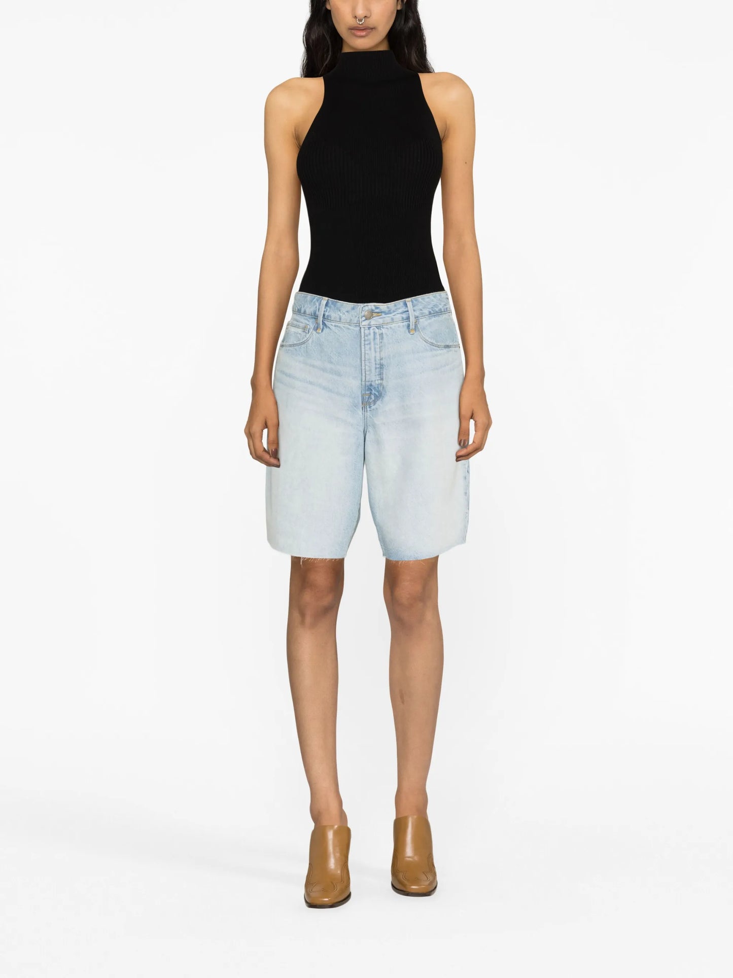 knee-length denim shorts