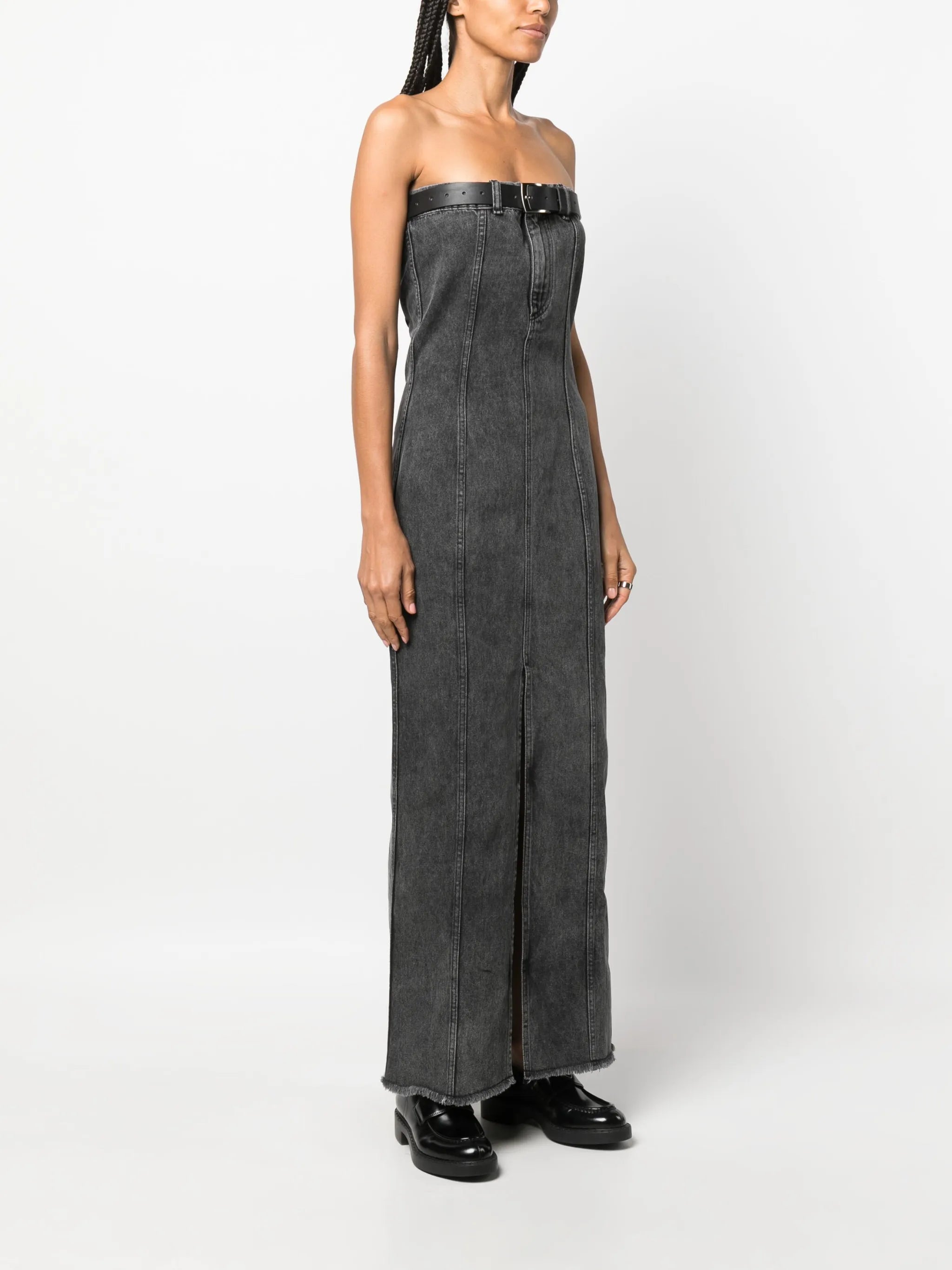 belted maxi denim dress
