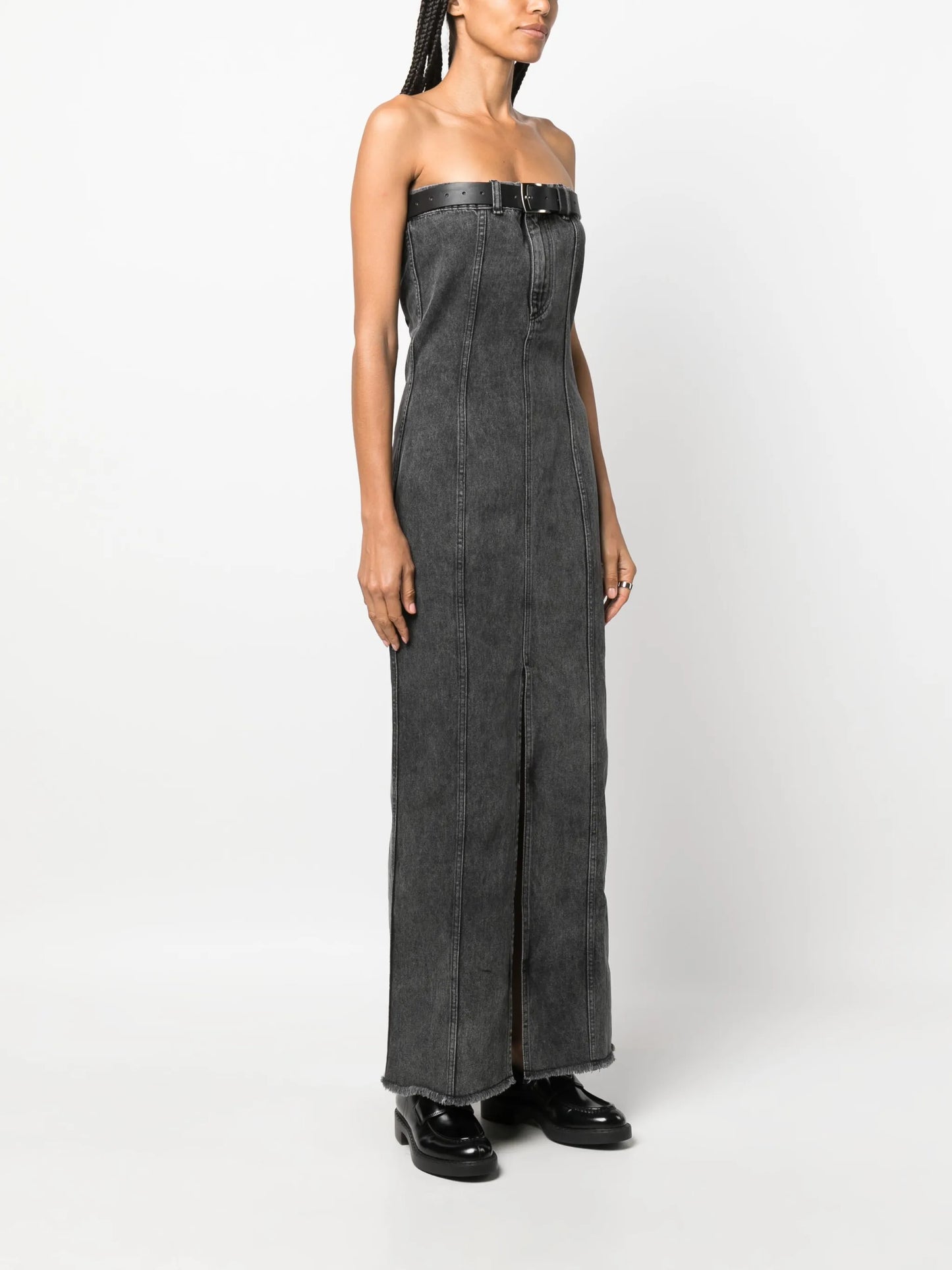 belted maxi denim dress