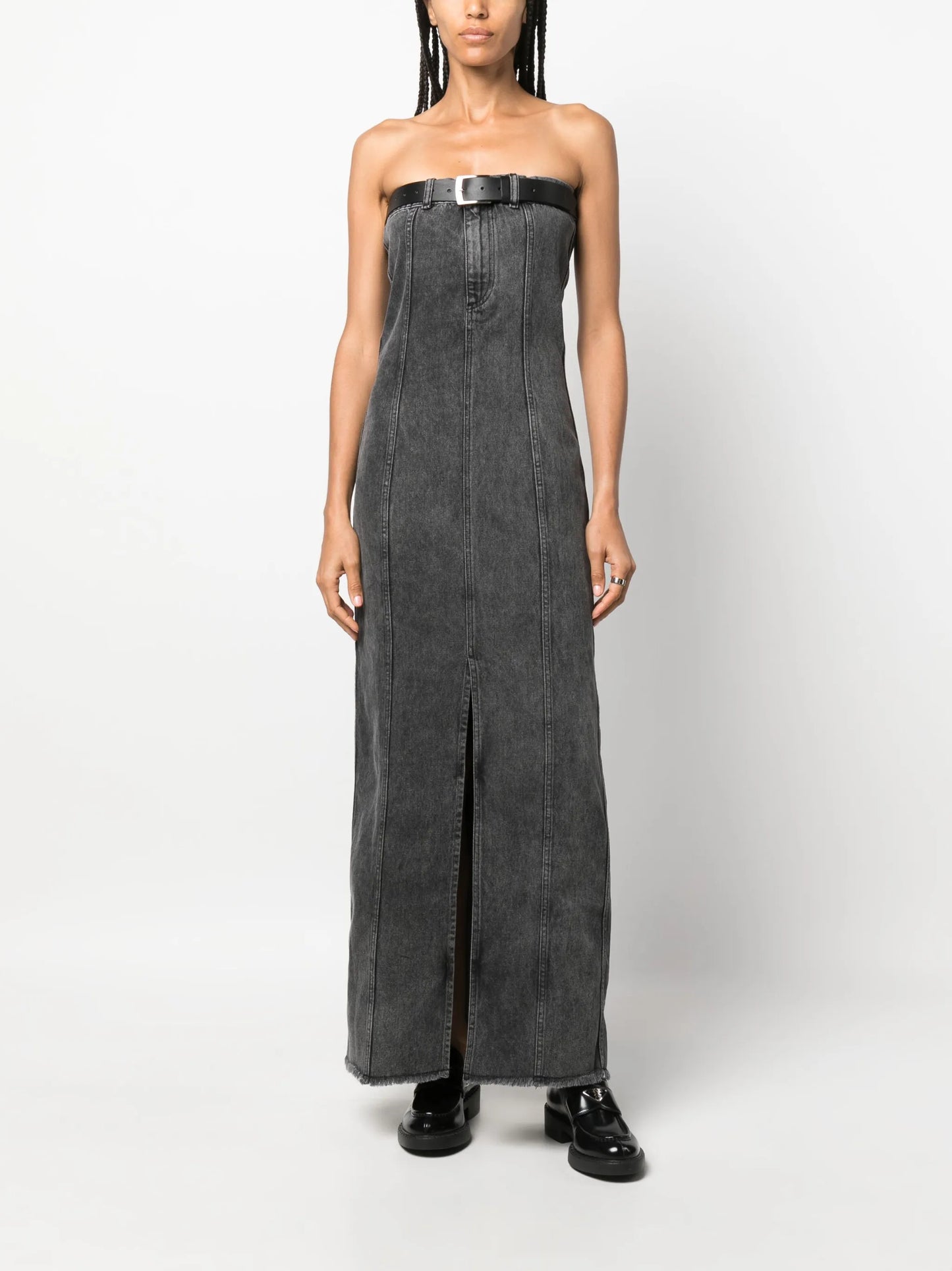 belted maxi denim dress