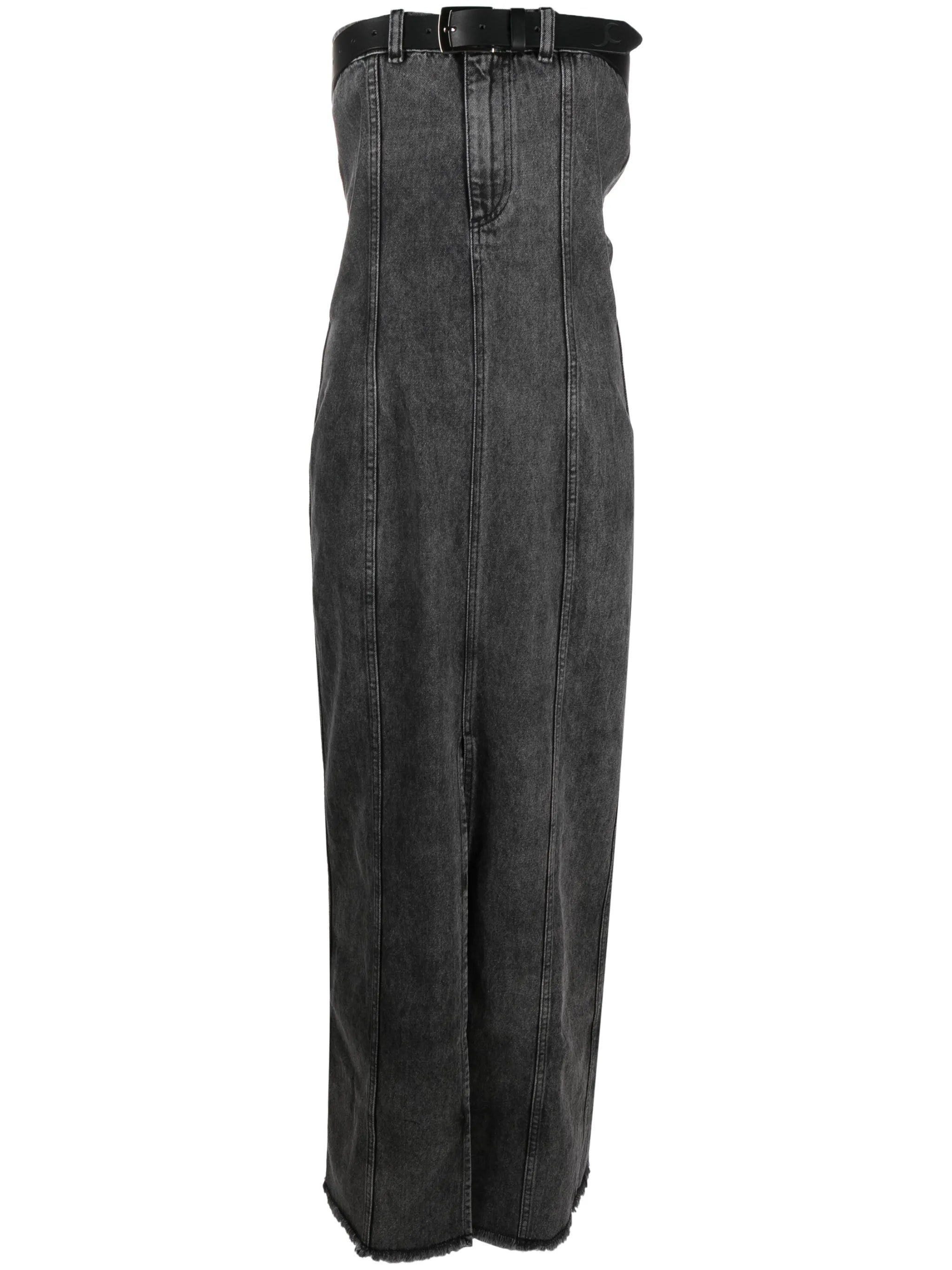 belted maxi denim dress