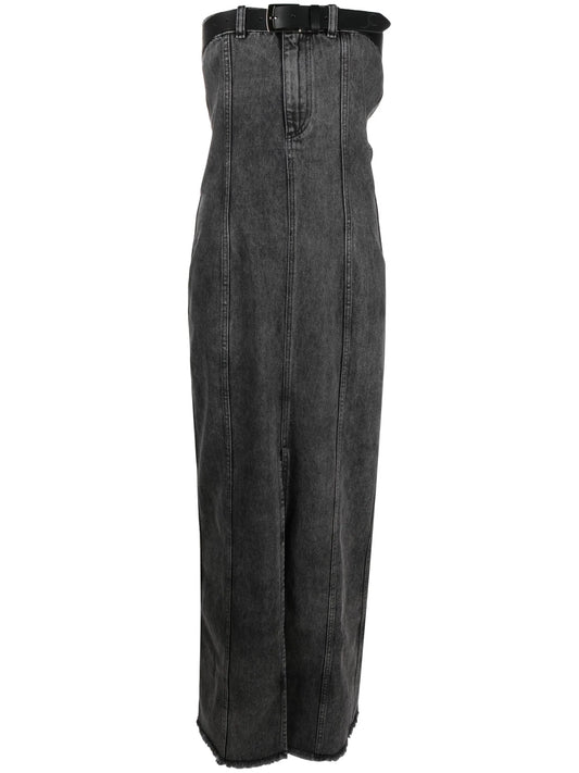 belted maxi denim dress