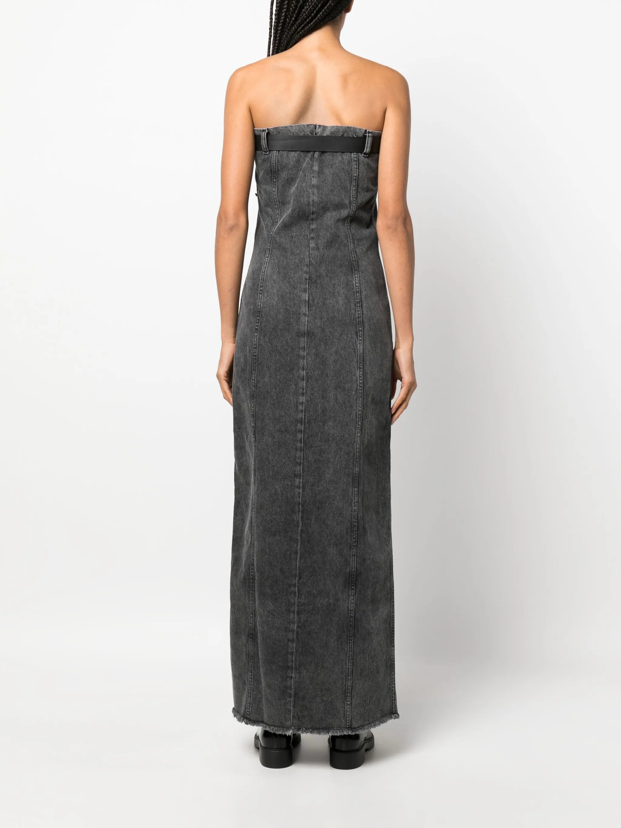 belted maxi denim dress